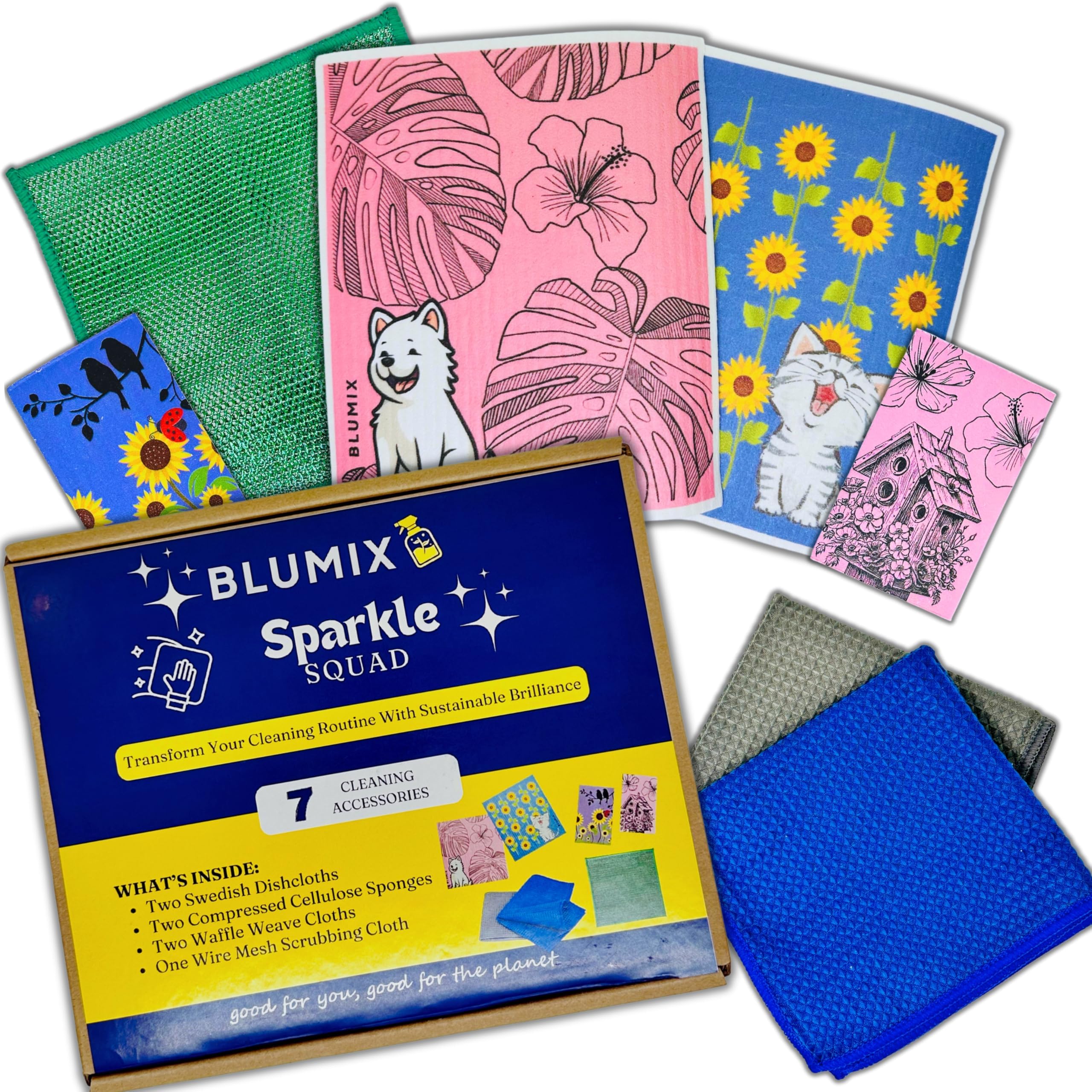 Blumix Sparkle Squad Eco-Friendly Cleaning Kit – Includes 2 Swedish Dishcloths, 2 Compressed Cellulose Sponges, 2 Waffle Weave Cloths, and 1 Wire Mesh Scrubbing Cloth; Biodegradable