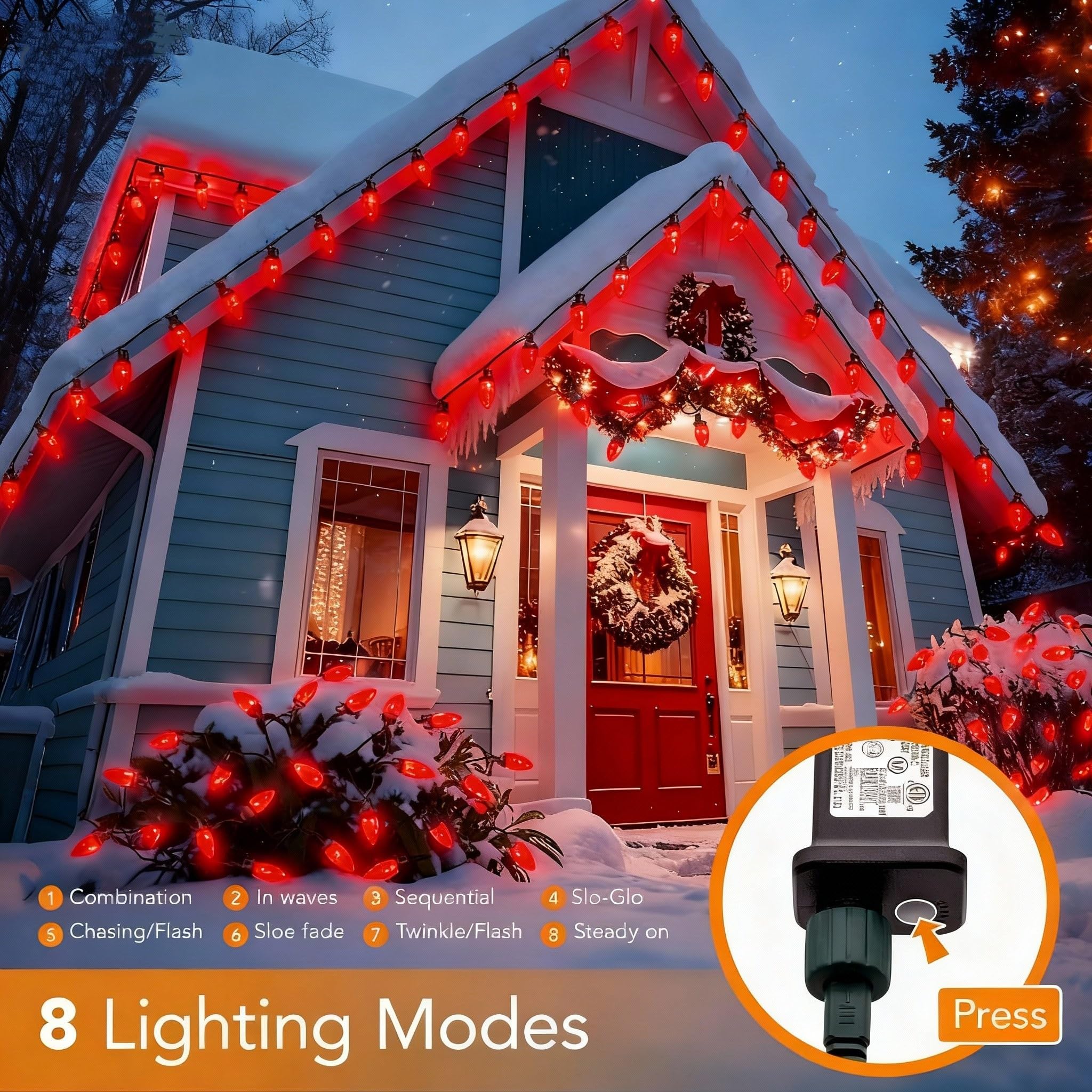 Tira de 50 luces LED de 33 pies, 8 modos de iluminación, luces de Navidad C9 para exteriores, impermeables, extensibles, para interiores y exteriores, techo, patio, hogar, decoración de