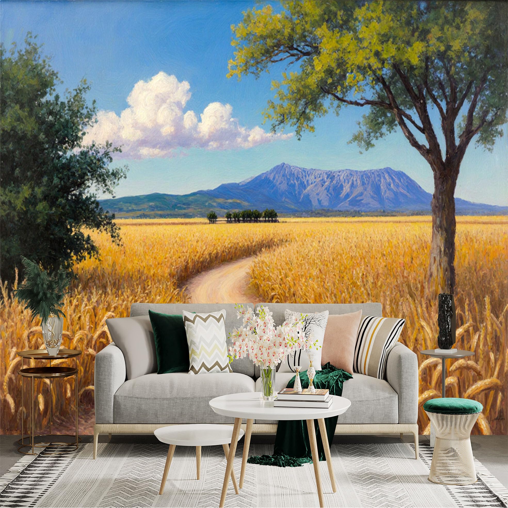 Custom Size Wall Sticker Mural， Golden Wheat Field， Winding Country Path， Majestic Mountains， Sunny Blue Sky， for wall Decoration， peelandstick wall Decals.