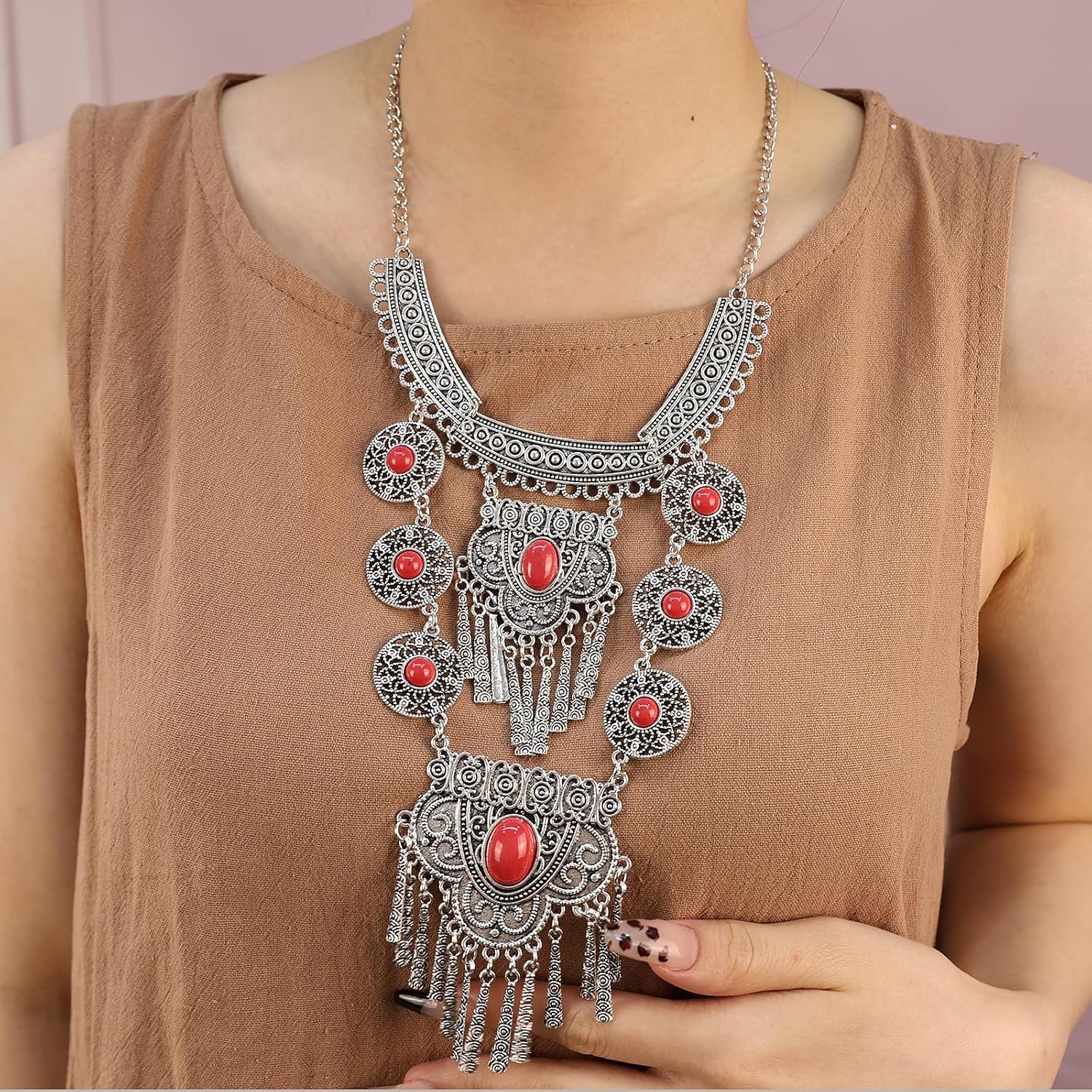 Bethynas Bohemian Ethnic Tribal Chunky Necklace Multilayer Long Tassel Turquoise Statement Neck Chain Retro Coin Gemstone Exaggerated Costume Accessories for Women - Image 3