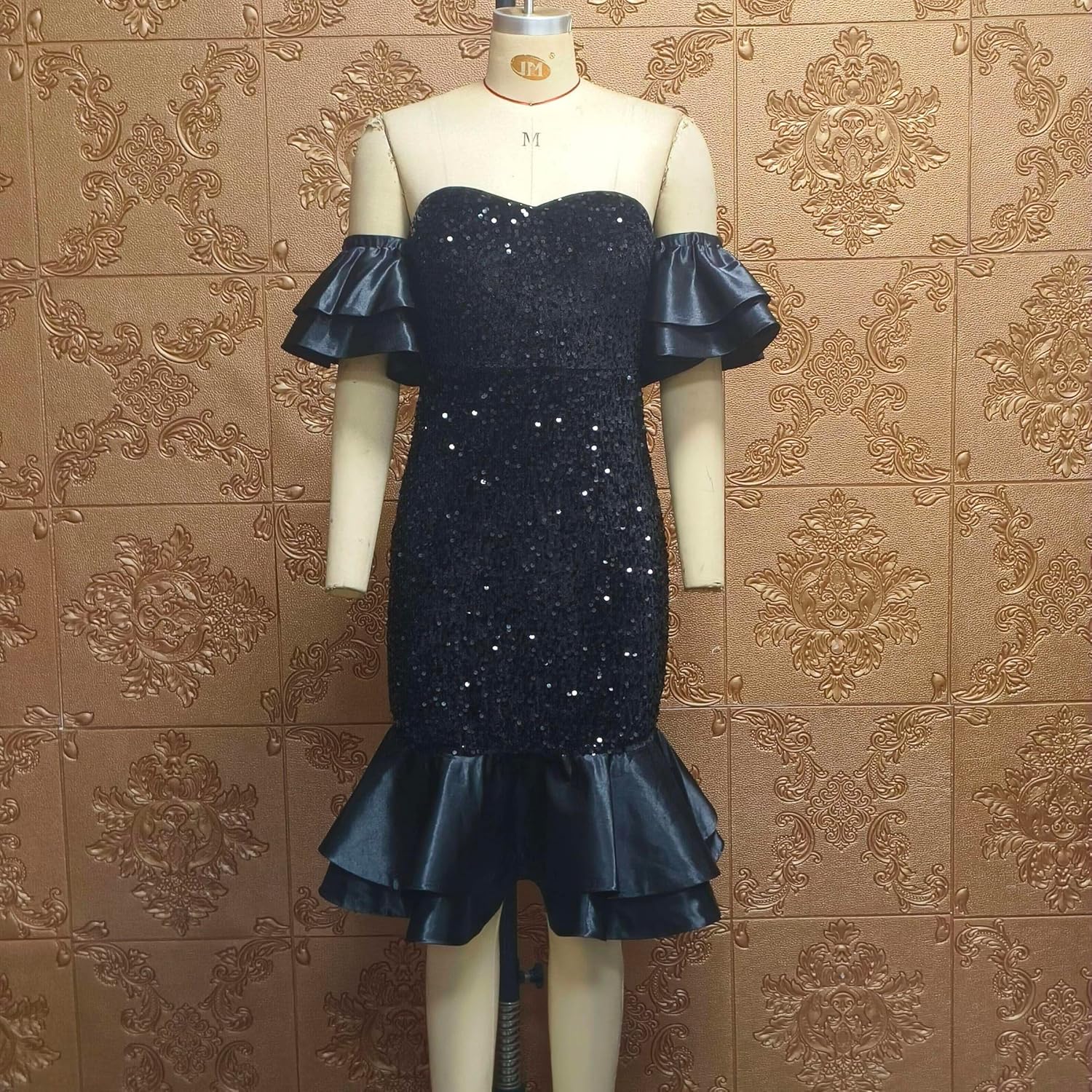 Cololura Women Elegant Sexy Sequin Off Shoulder Ruffle Sleeve Bodycon Mermaid Cocktail Formal Party Ball Gown Midi Dress - Image 6