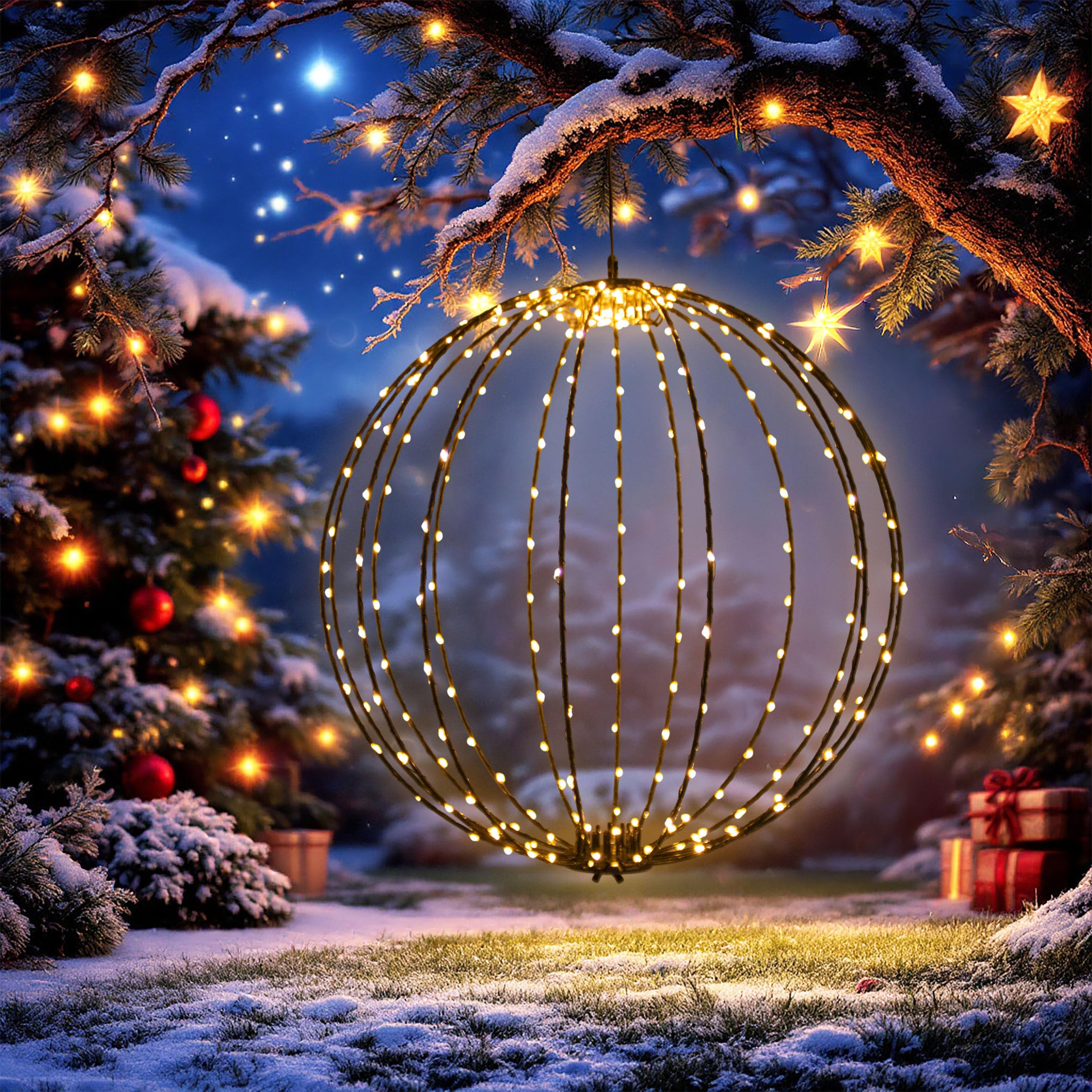 Leuchtkugel zum Hängen 40cm für Außen | 240 LED, Extra Warm Weiß, Mit Timer und Stecker, Kabelgebunden, Weihnachten Advent Deko