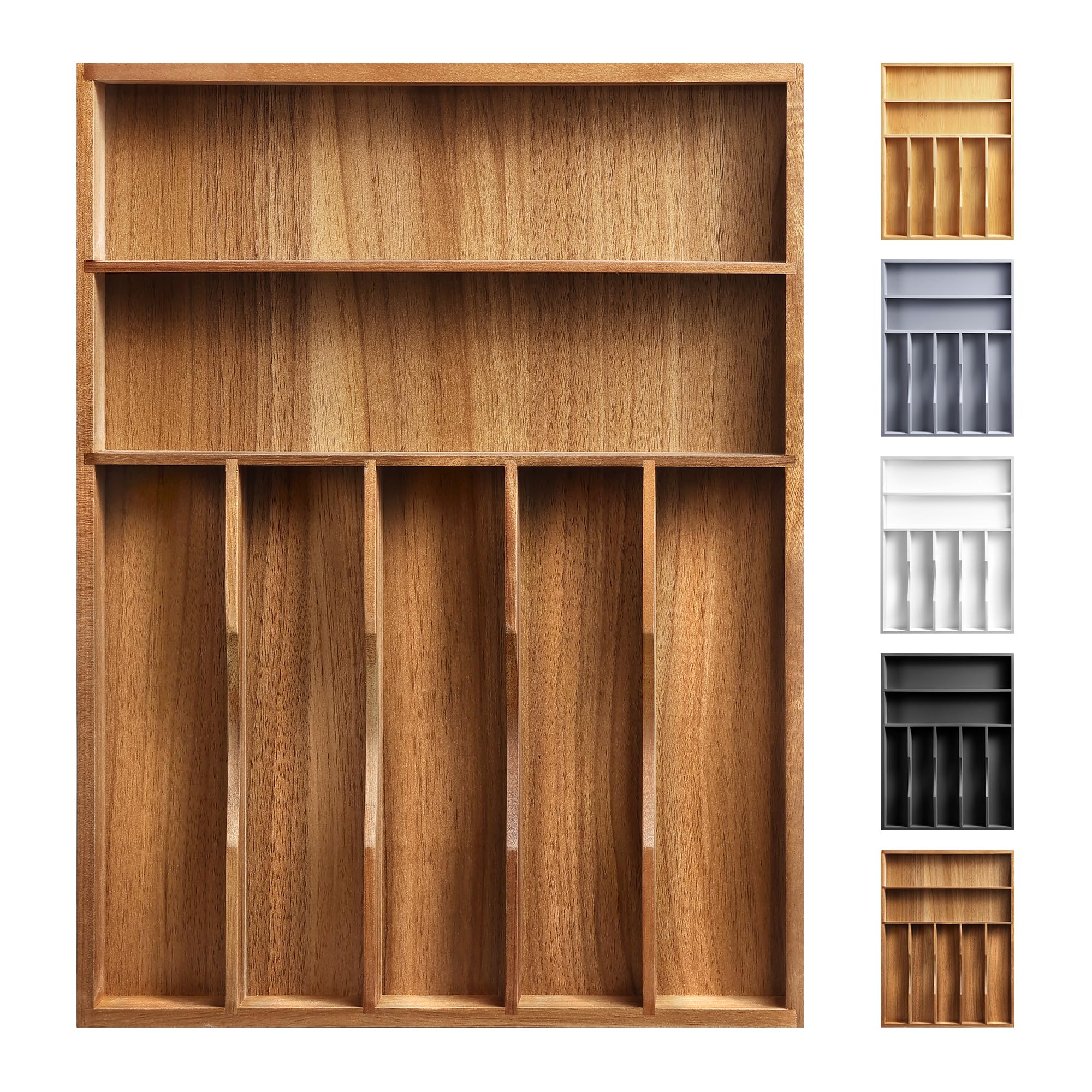 Oridom Kitchen Acacia Silverware Organizer - Extra Deep Grooved Drawer Divider, 7 Slot Utensil Organizer