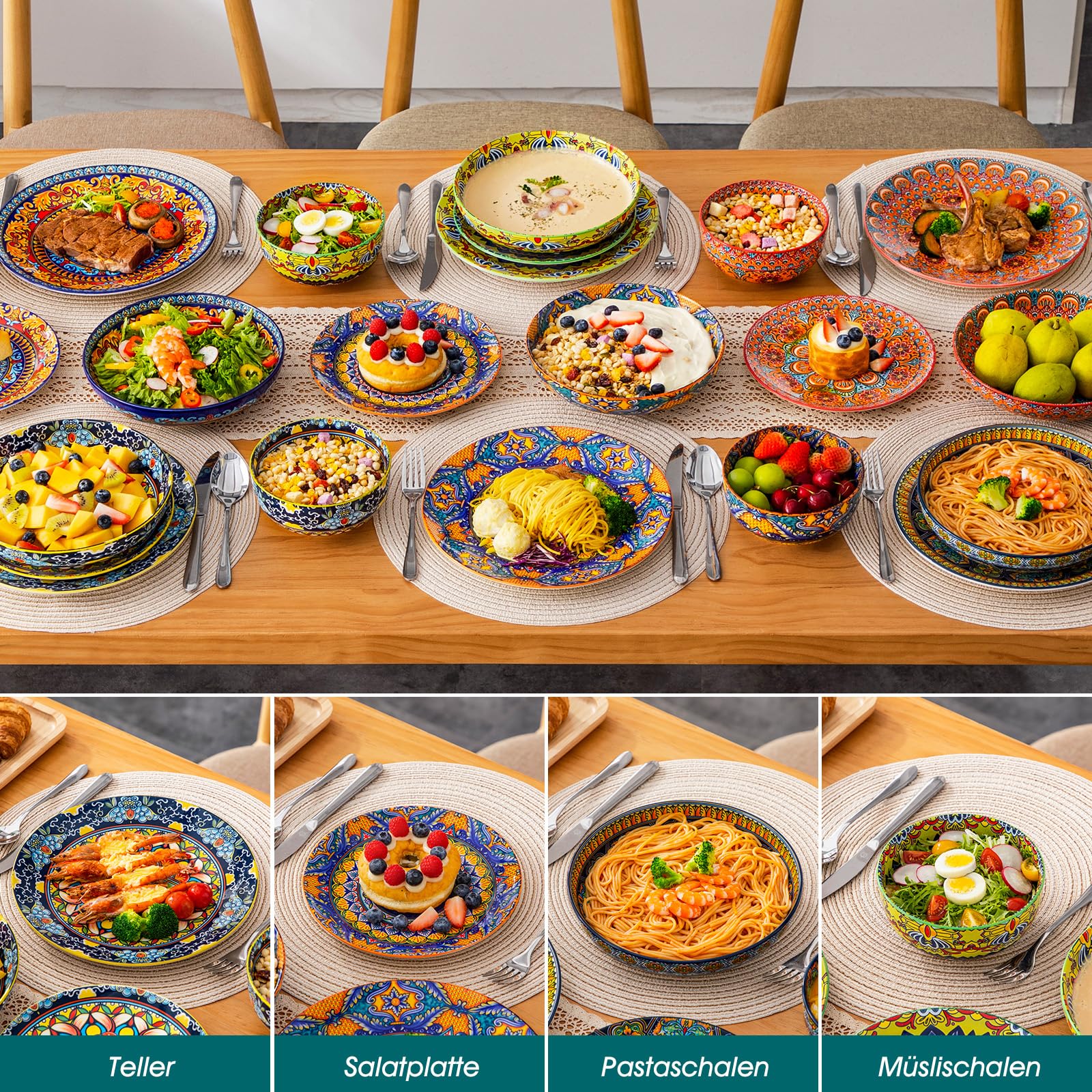 Geschirrset 6 Personen Keramik, vancasso KRVI 24tlg Modernes Porzellan Geschirr Set, Tafelservice im Böhmischer Stil, Tellerset und Schalenset, buntes Kombiservice
