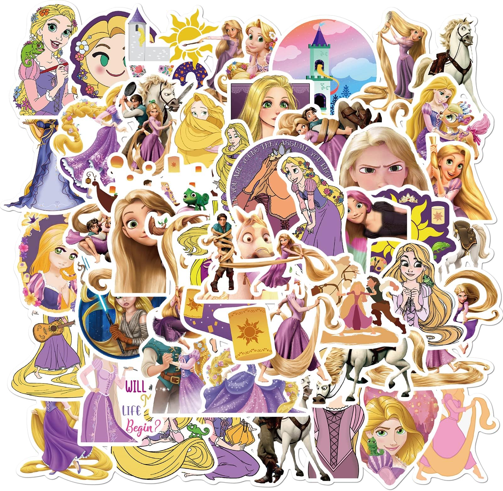 50pcs Rapunzel Princess Stickers Tangled Princess Waterproof Vinyl Stickers for Laptop Travel Case Notebook Phone Car Scrapbook Water Bottle Bike Graffiti Decals,Kid/Teen/Adults Gift (Tangled)