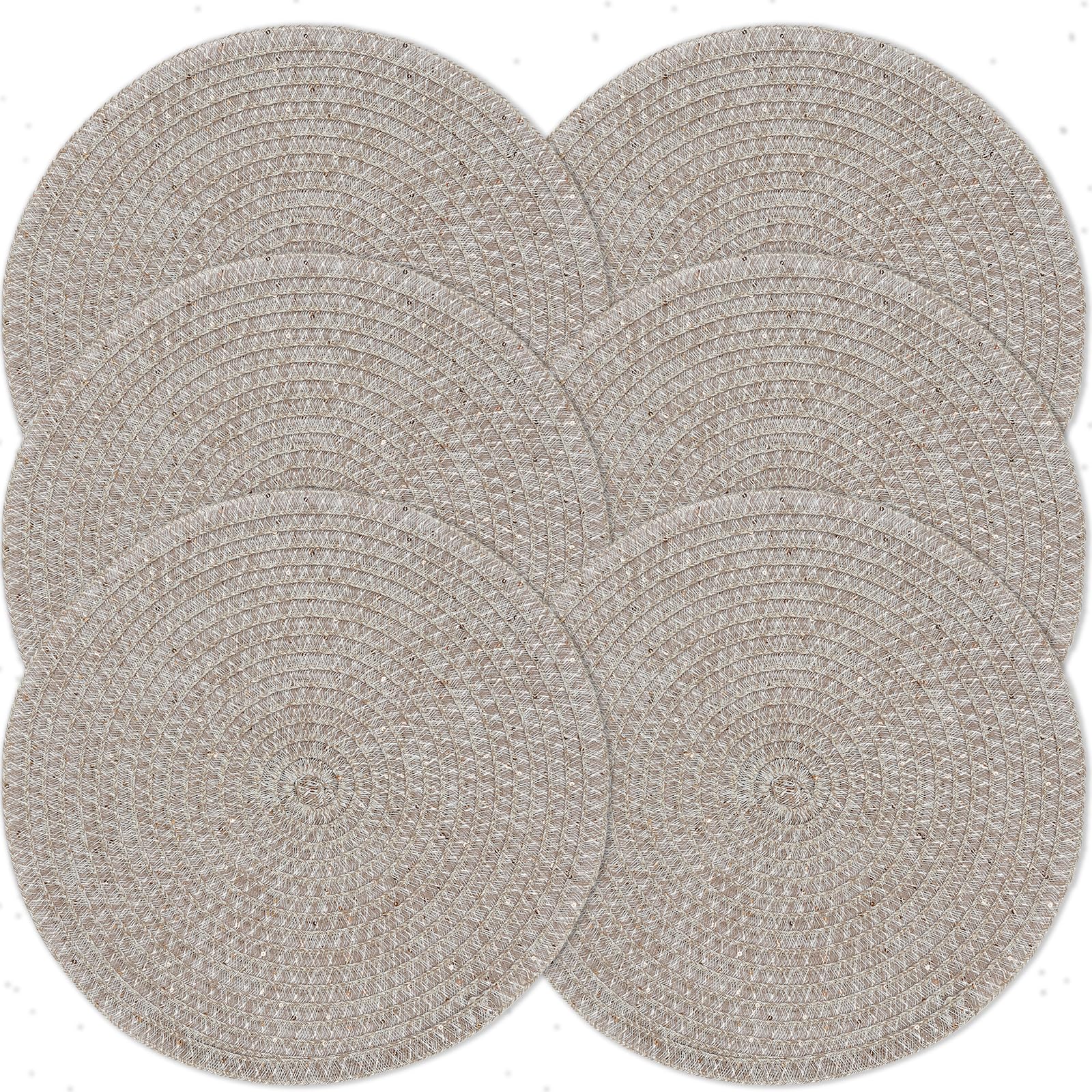 Privalace 38cm Round Woven Placemats Set of 6,Washable Non-Slip Heat Resistant Table Mats,Durable Braided PVC Place Mats for Dining Party(Linen Color)