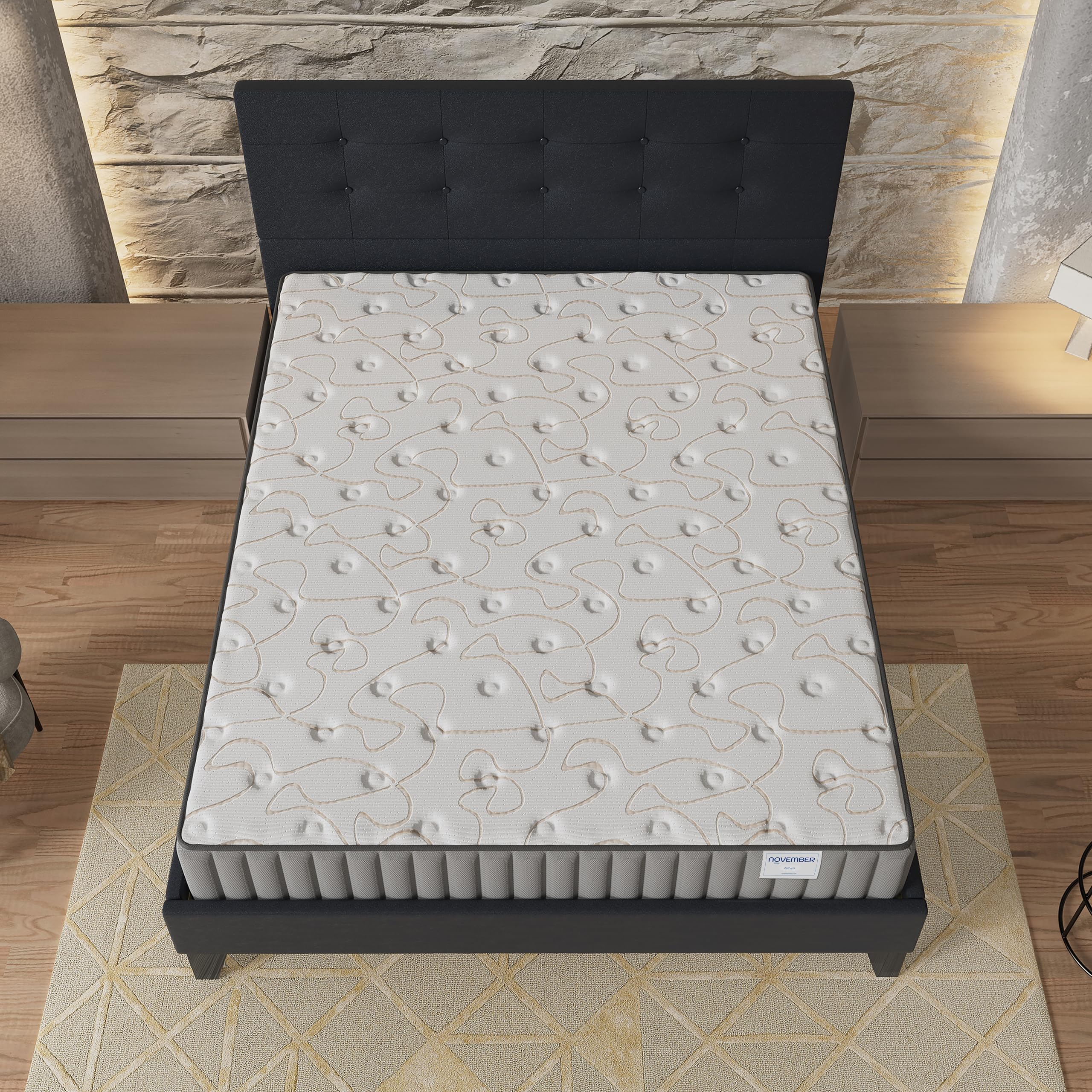 NOVEMBER- Ensemble Matelas + Sommier & tête de lit capitonnée (140 x 190cm)- Matelas Orionis Mousse Mémoire de Forme d’épaisseur 16cm + Lit Stable & Robuste, revêtement synthétique Noir