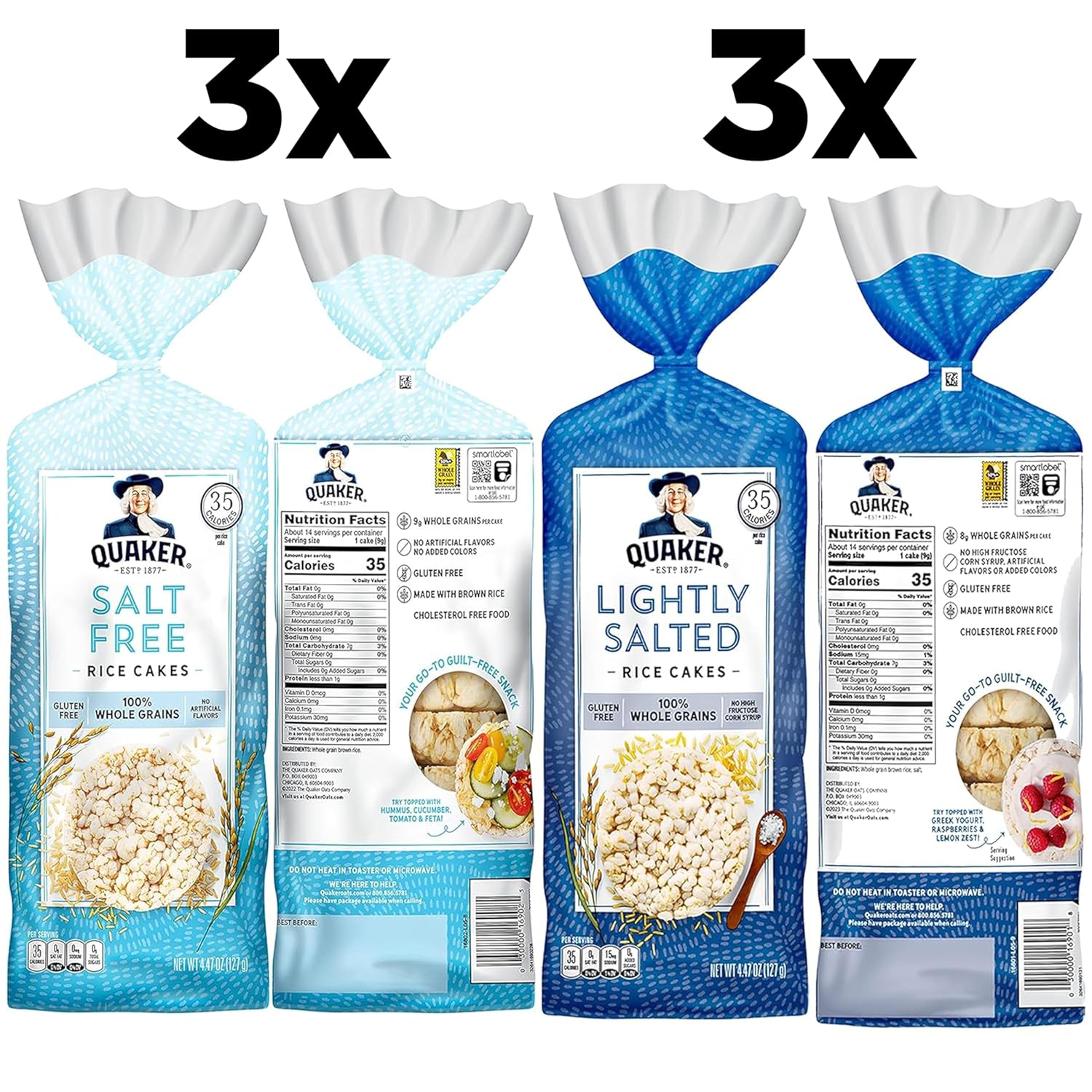 Quaker Large Rice Cakes,Gluten Free,Lightly Salted + Salt Free Variety Pack,4.47 Ounce,(Pack of 12)