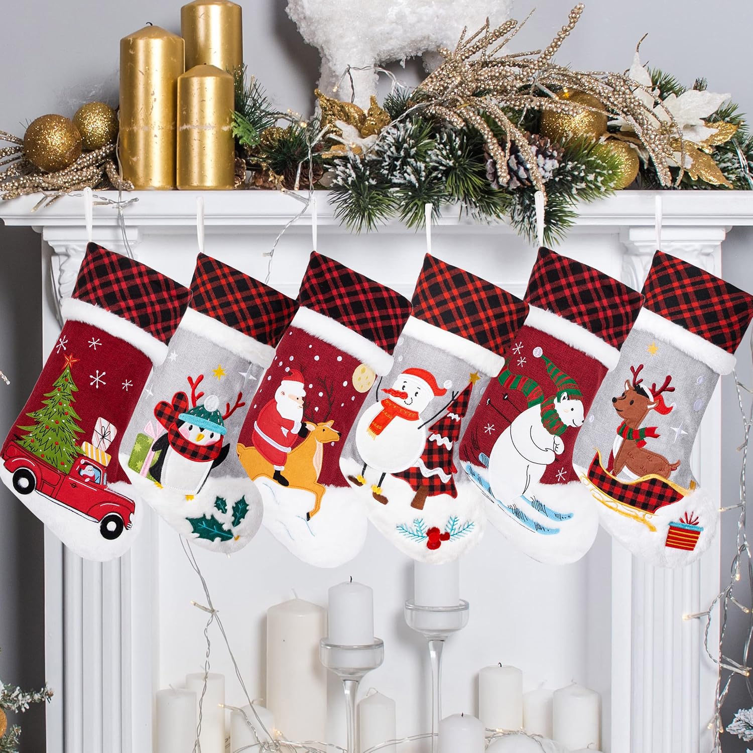 LUBOT 8 Pack Christmas Stockings (20inch) Embroidered Linen Applique Burlap Buffalo Red Plaid with Soft Faux Fur Fireplace Hanging for Family Decorations Xmas Gift