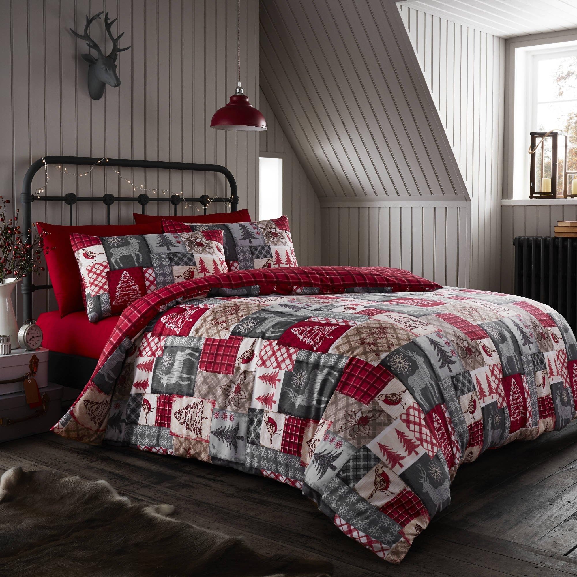 Christmas Patchwork Red UK King/US Queen Reversible Duvet Cover Bedding Set