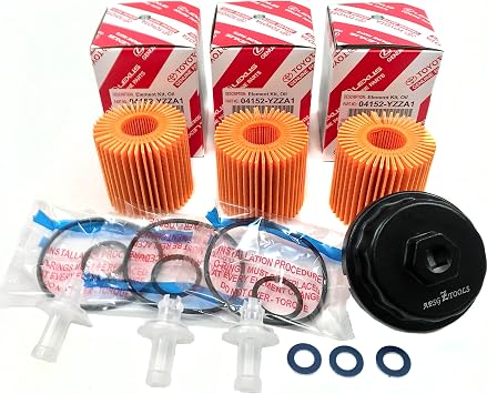 OEM GENUINE 04152-YZZA1 OIL FILTERS x 3 with APSG CRUSH WASHERS and FILTER CAP WRENCH | 2.5L 2.7L 3.5L Engine | Compatible with ES350, GS350 RX350, Camry, RAV4, Highlander, Sienna, Tundra, Tacoma +