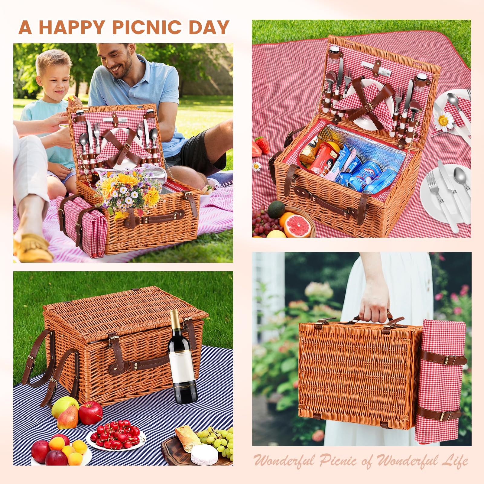 Juego de Cestas de Picnic de Mimbre para 4 Personas, con Compartimento Refrigerante, Manta Impermeable, Platos, Vasos, Cubiertos, para Acampada, Excursiones (Rojo, Hebillas de Cuero)