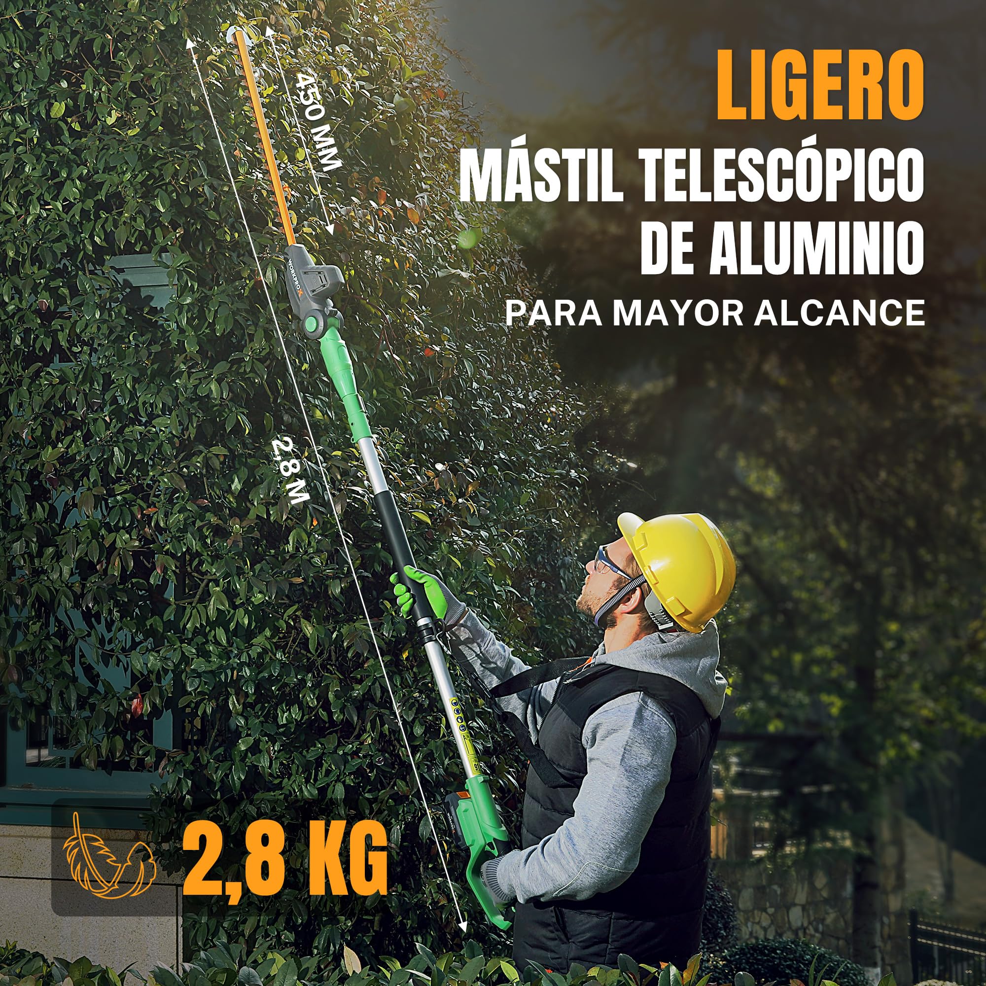 WORKPROX Cortasetos Telescópico Inalámbrica 20V, Cortasetos de Pértiga, Tijeras Cortasetos con Batería, Podar Telescópica hasta 2,8M, con Ángulos Ajustables, Longitud de Corte 45CM
