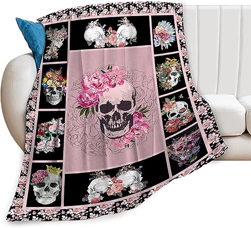 Manta de calavera de azúcar, súper suave y cálida, manta de esqueleto de terror con rosas para mujeres, acogedora manta de forro polar de felpa para