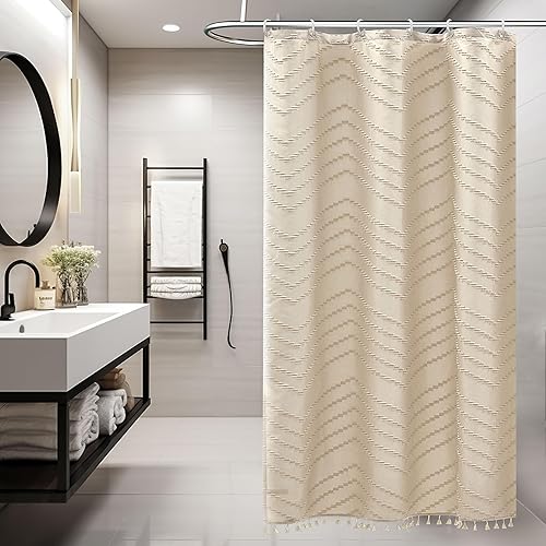 Cortina de ducha Siiluminisoy de 36x72 beige, cortina de ducha de tela de tamaño pequeño, cortinas de ducha de tela con tufting, diseño chevron a