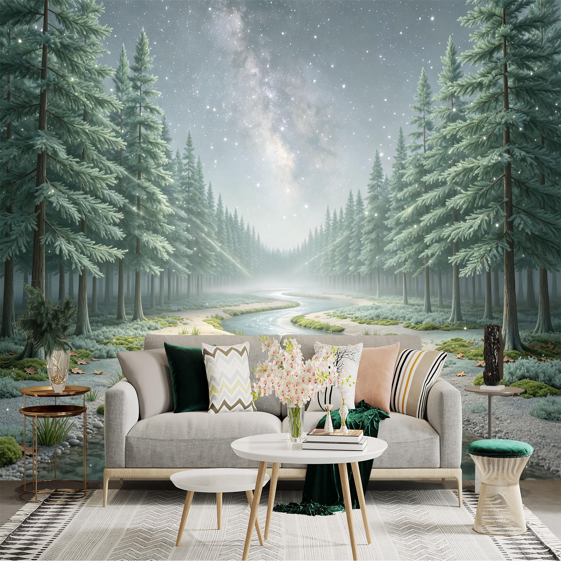 Lnzczhyre Bh260719411 Custom Size Wall Sticker Mural， Misty Forest Landscape， Sparkling River， Serene Woodland Scenery， For Wall Decoration， Peelandstick Wall Decals.