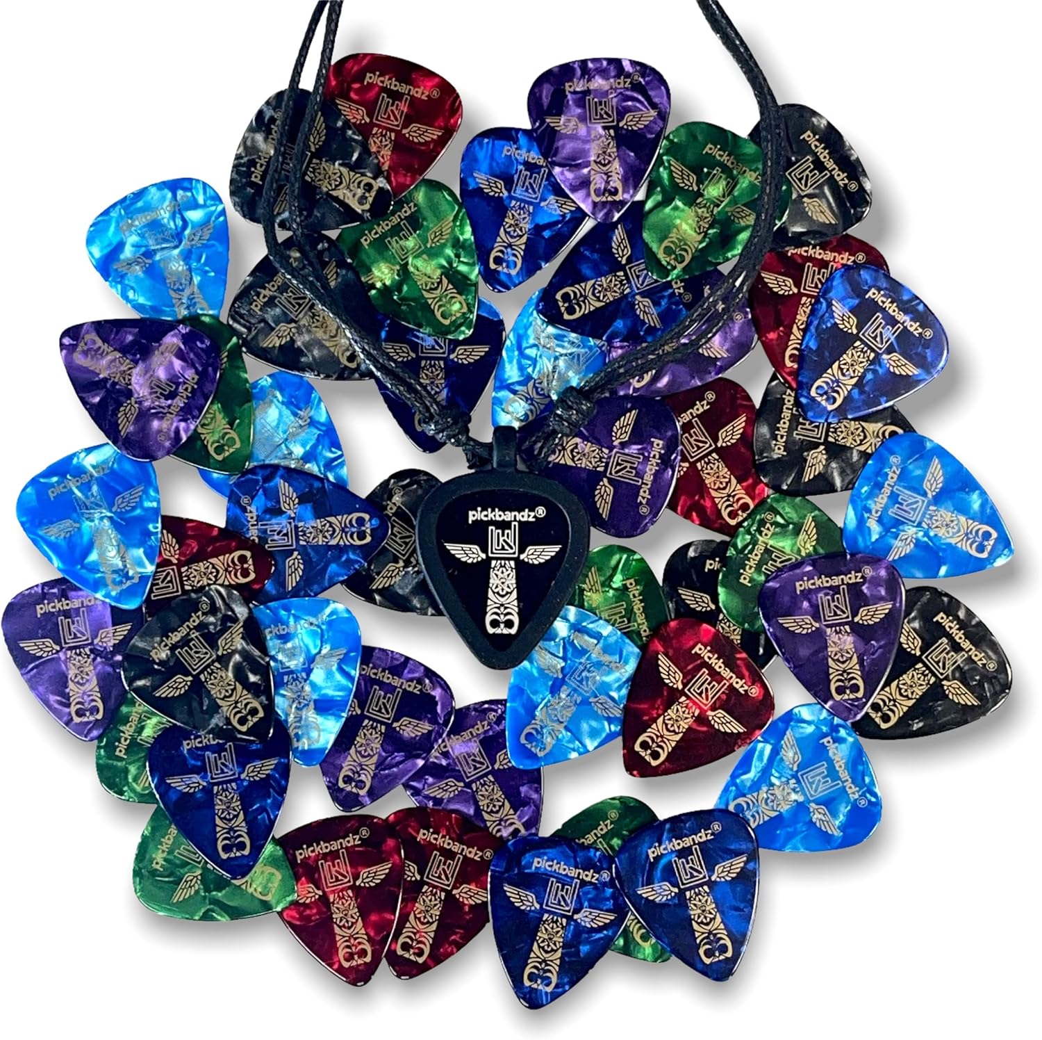 351 Premium Pick Sampler + Pick Holding Necklace - Pack Includes Medium Picks in 6 colors & our Top Selling Guitar Pick Necklace in Epic Black One Size Fits All (Pickbandz Exclusive) (48)