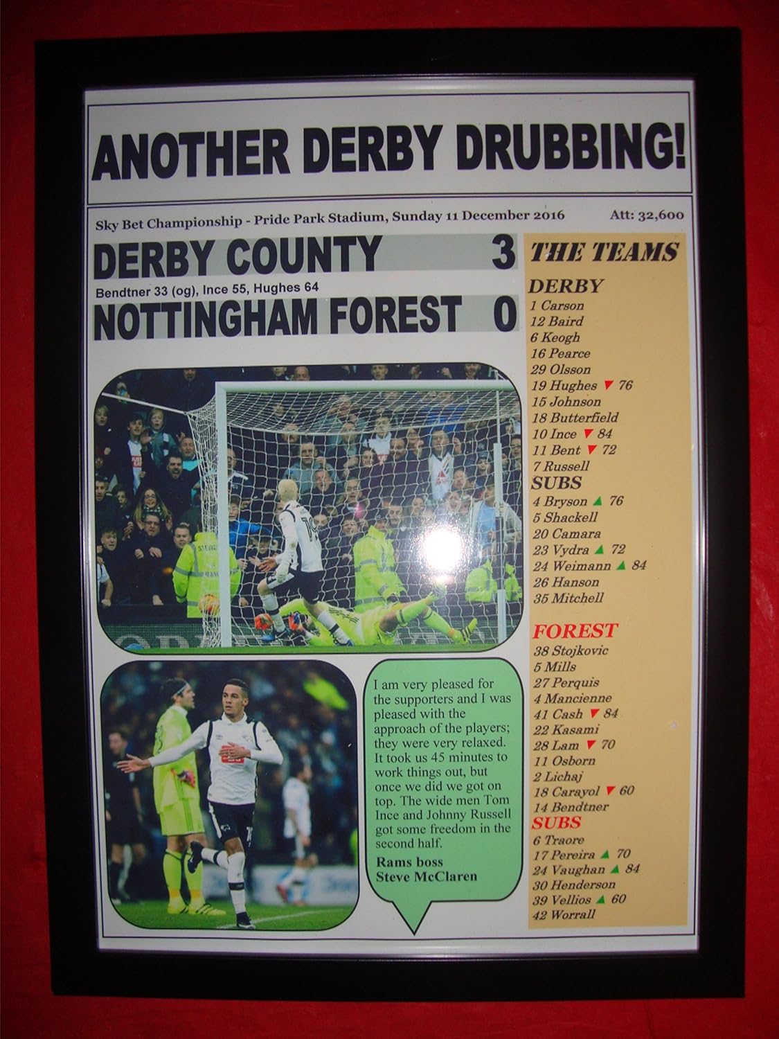 Lilywhite Multimedia Derby County 3 Nottingham Forest 0-2016 - framed print