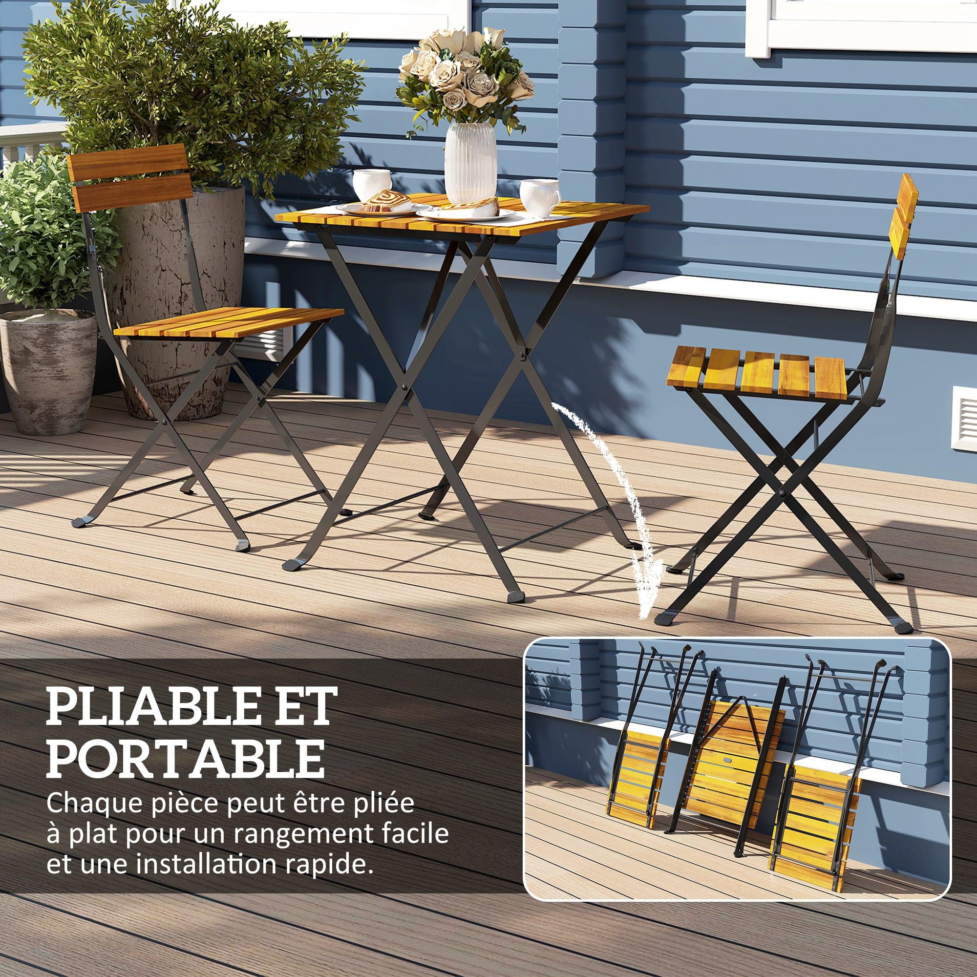 Outsunny Ensemble Bistrot de Jardin 3 Pièces, Salon de Jardin Extérieur 2 Personnes, Table Basse en Bois d'Acacia et Acier