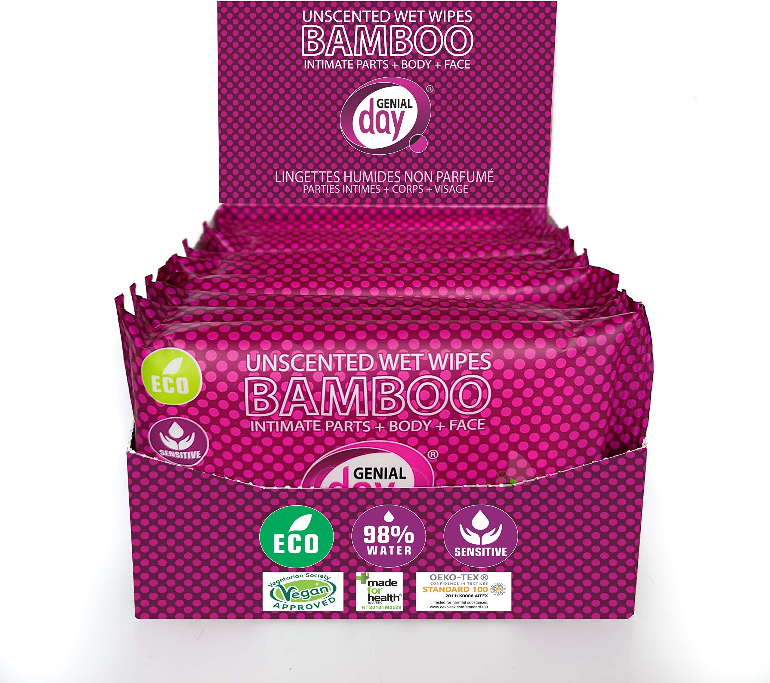 Unscented Bamboo Wet Wipes, Alcohol-Free Adult Wipes, Wet Wipes for Adults with Aloe Vera, Soap & Paraben-Free, Gentle Vegan Formula, 10 Wipes per Pack
