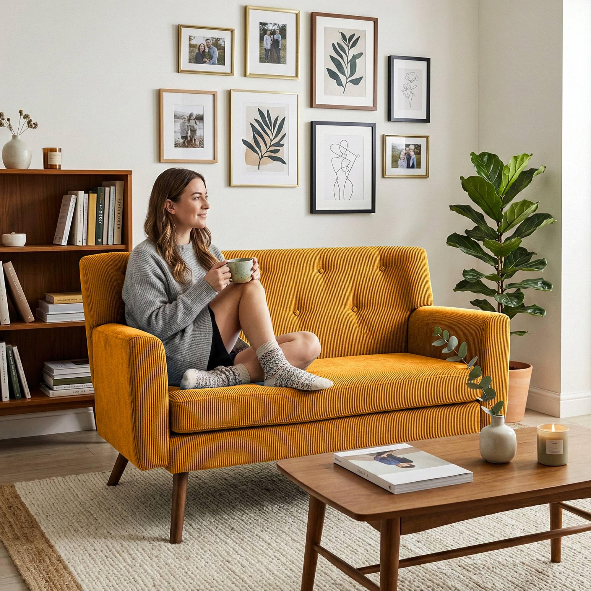 CLP Sofa 2-Sitzer mit Cordbezug Kioni, Couch bequem für Wohnzimmer, komfortabel gepolstert, bis 240 kg belastbar, Beine aus Kautschukholz, Farbe:orange