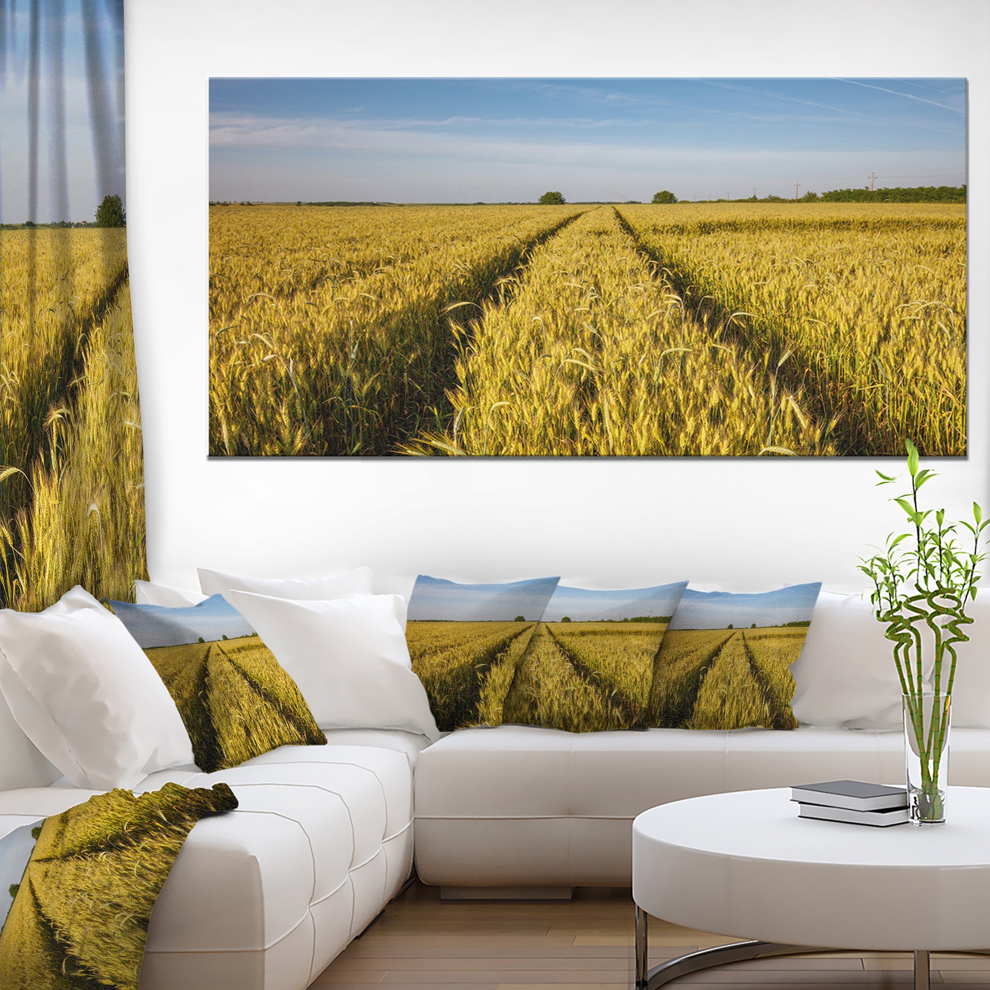 Designart PT11734-60-28 Rural Road Through Wheat Field Landscape Artwork Canvas (1 Piece), 28'' x 60'' x 2'', Blue