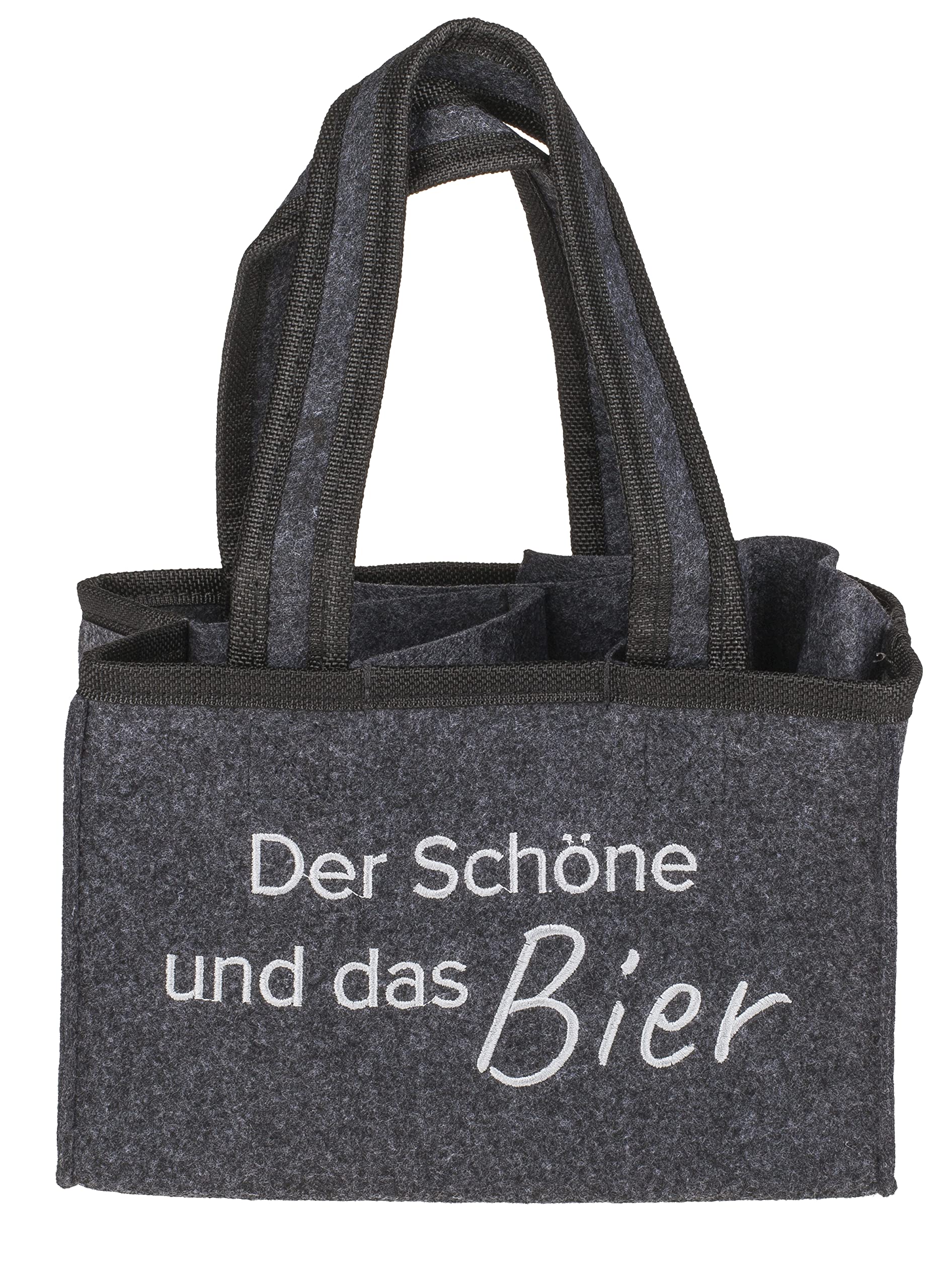 MIJOMA Stijlvolle vilten flessendrager, biertas voor 6 flessen, 0,33 l/0,5 l, mannenhandtas, perfect voor Vaderdag en barbecuefeesten, Grijs met borduurwerk 'de Mooie en het Bier', 24 x 15 x 15 cm
