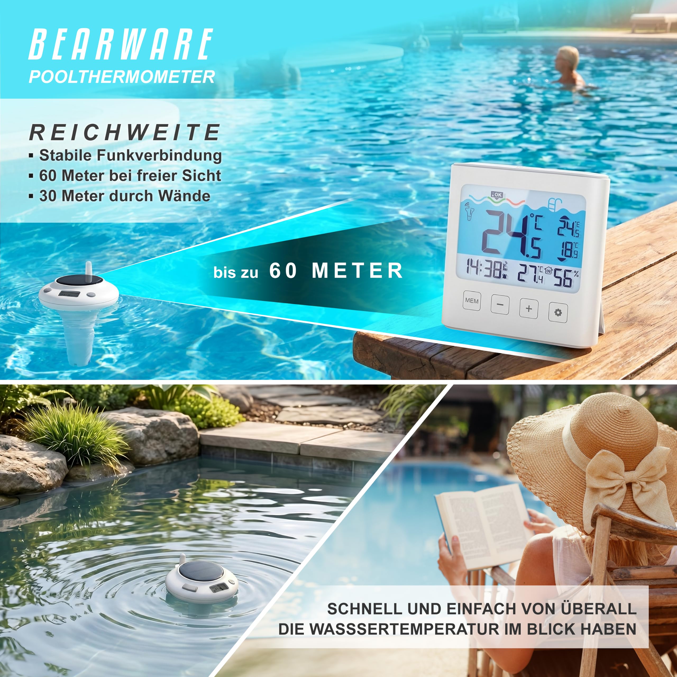 CSL – Funk Poolthermometer mit Display – Solar - Temperaturanzeige – Luftfeuchtigkeit – Innen- & Außentemperatur - Pool Schwimmbecken Schwimmbad Whirlpool - Pool Thermometer