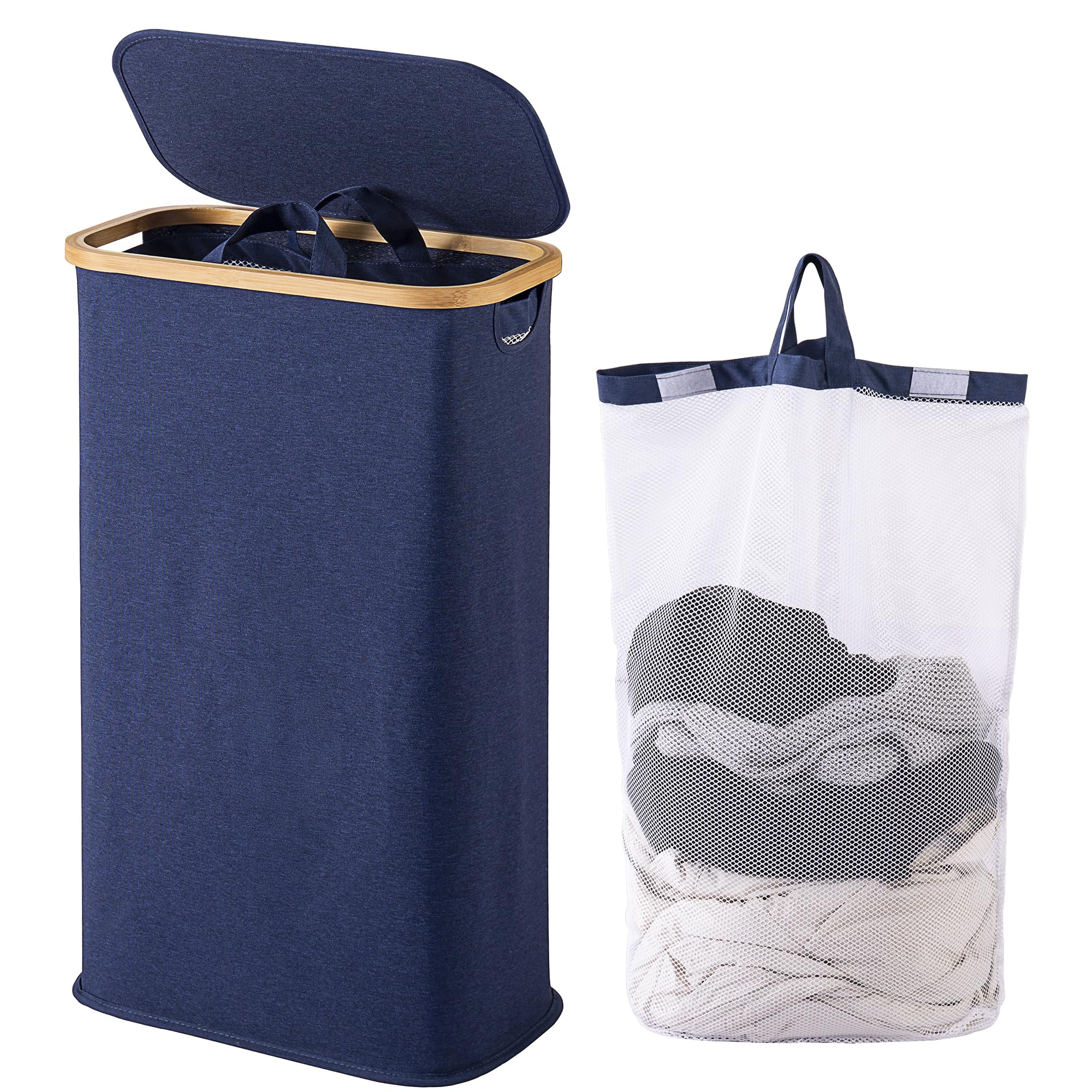 Vencier 60L Slim Laundry Hamper with Lid, Narrow Foldable Laundry Basket with Removable Bag & Bamboo Handles, Thin Dirty Clothes Hamper for Bathroom, Bedroom, Dorm (Blue, 60L)