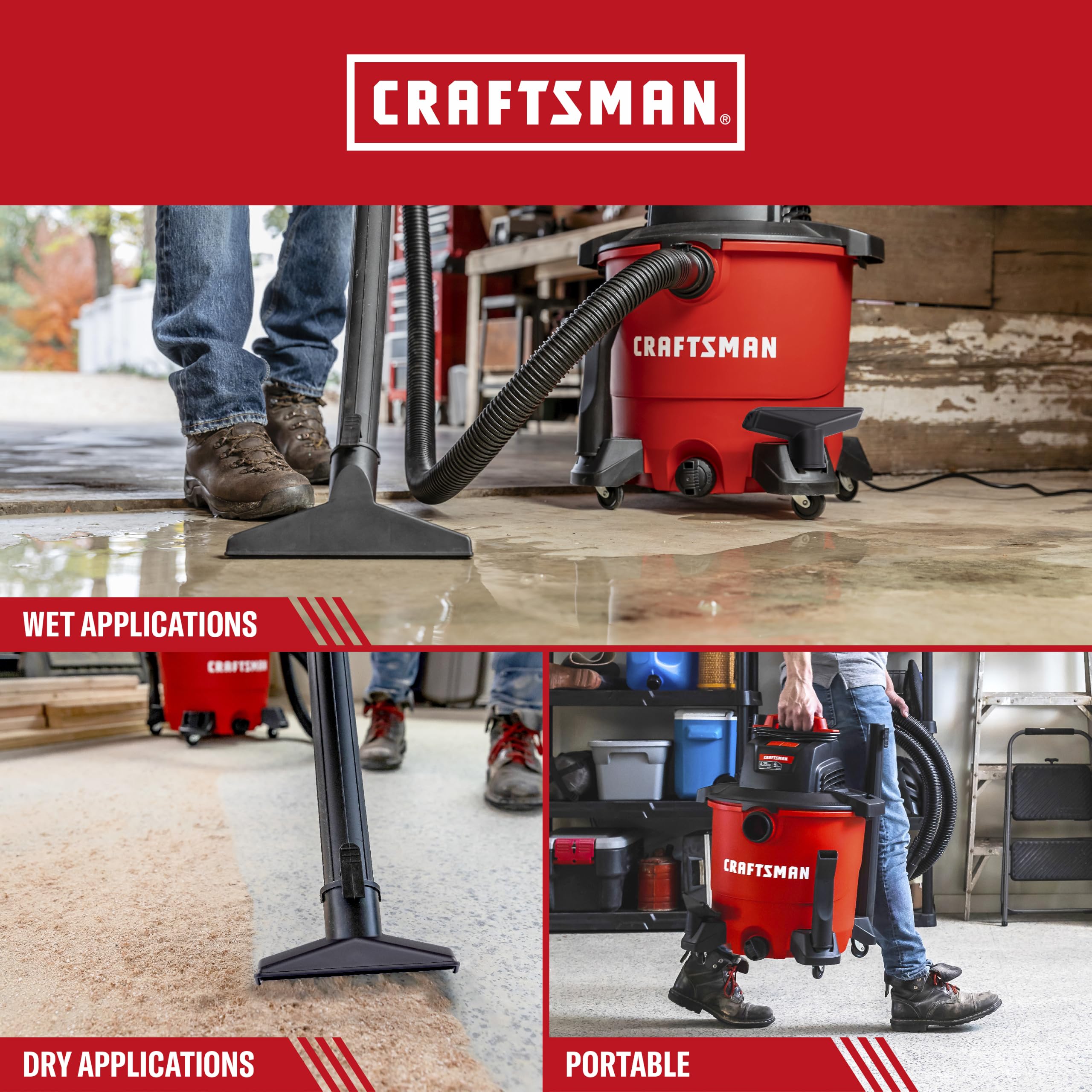 CRAFTSMAN CMXEVBE17590 Przenośny odkurzacz warsztatowy do pracy na mokro i sucho, pojemność 34 l, moc szczytowa 4,25 KM, z filtrem, workiem na kurz, wężem i akcesoriami, do domu, garażu i samochodu