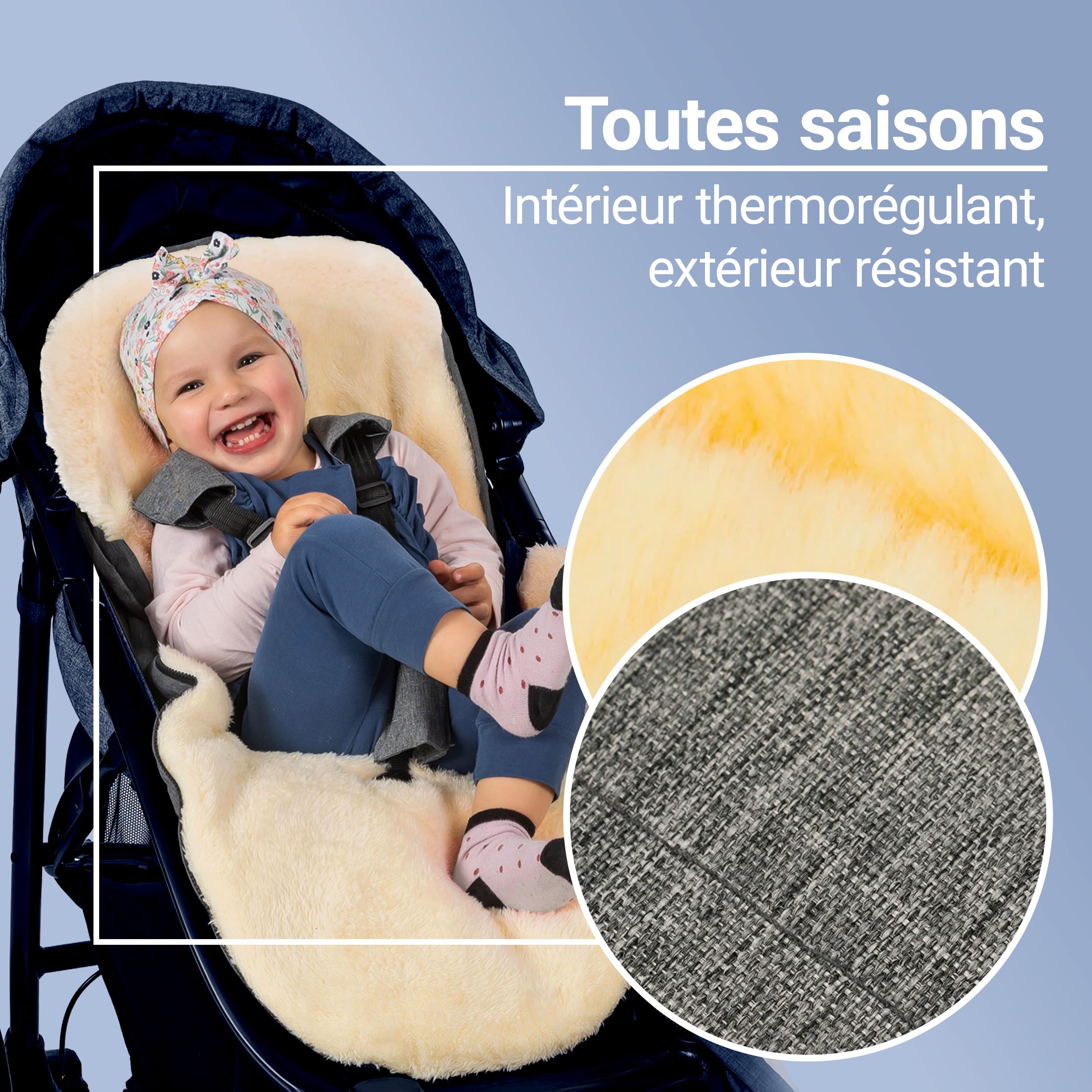 Zamboo Chanceliere Universelle pour Poussette en Peau d'agneau, 2 en 1 Nid d'ange Bebe Hiver et Insert Siège Poussette en Laine de Mouton Mérinos Naturelle, Chaude et Respirante – Gris