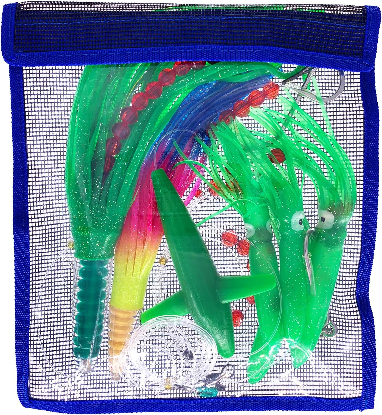 Birds Daisy Chain Lures, 3 Pc Green Machine Set with one Trolling Lures + 1 Pc Bird Teaser, for Tuna, Mahi, Marlin & Wahoo, Includes Lure Bag, Combo A