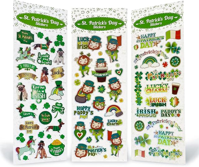 St Patrick's Day Stickers 3 Pack - Sticker Supplies for Irish Party Favours Celebrating Decorating Crafting Scrapbooking Cards Gift - Shamrock Four Leaf Clover Happy Paddy's Day Lucky Charm Leprechaun