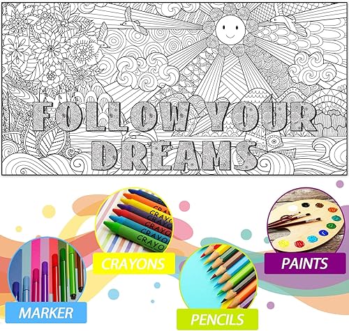 Miniatura 4 de Naozinebi Pósteres de mandala gigante para colorear, grandes carteles motivacionales para colorear con texto en inglés "Follow Your Dreams", mantel