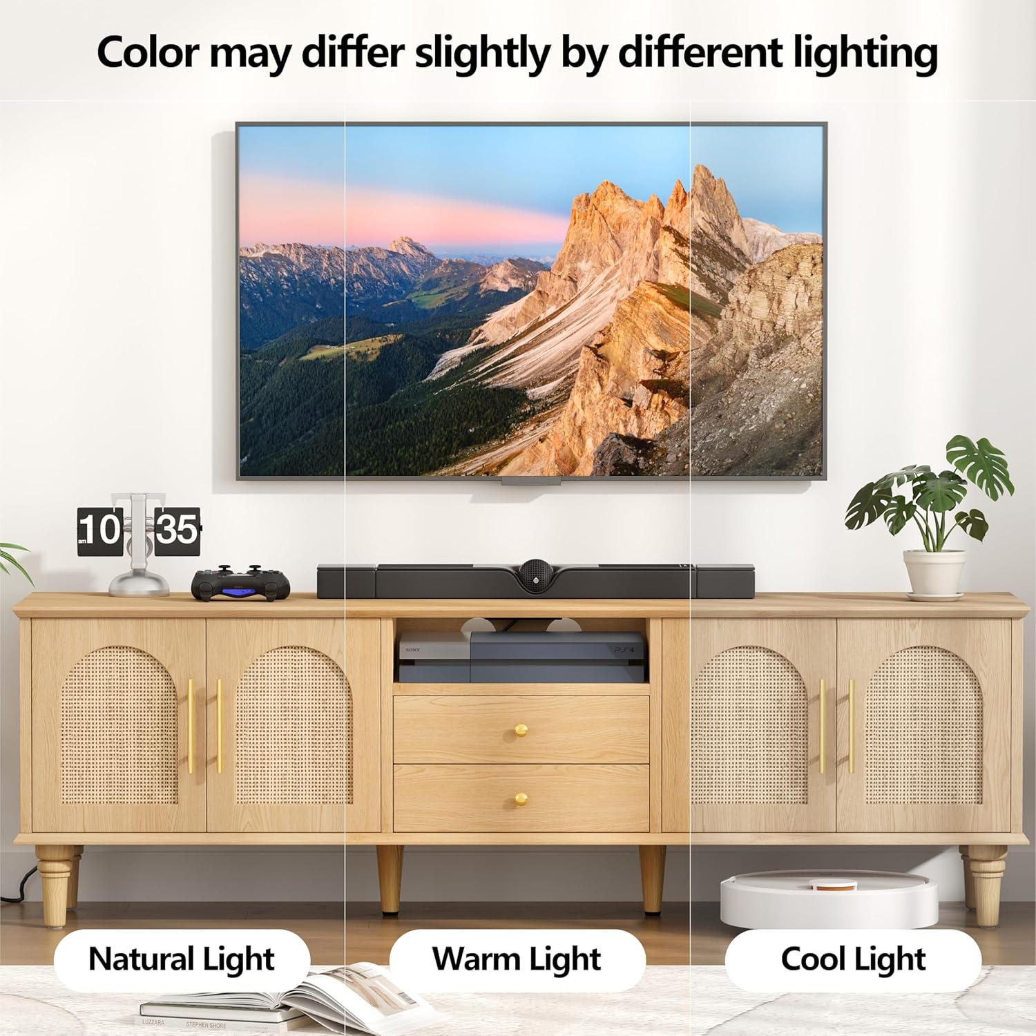 63"W Rattan TV Stand for 75 inch TV, Entertainment Center with Storage Cabinet, 2 Drawers & Doors, Adjustable Shelf & Power Outlet, Modern Media TV Console Table for Living Room, Bedroom, Natural Oak