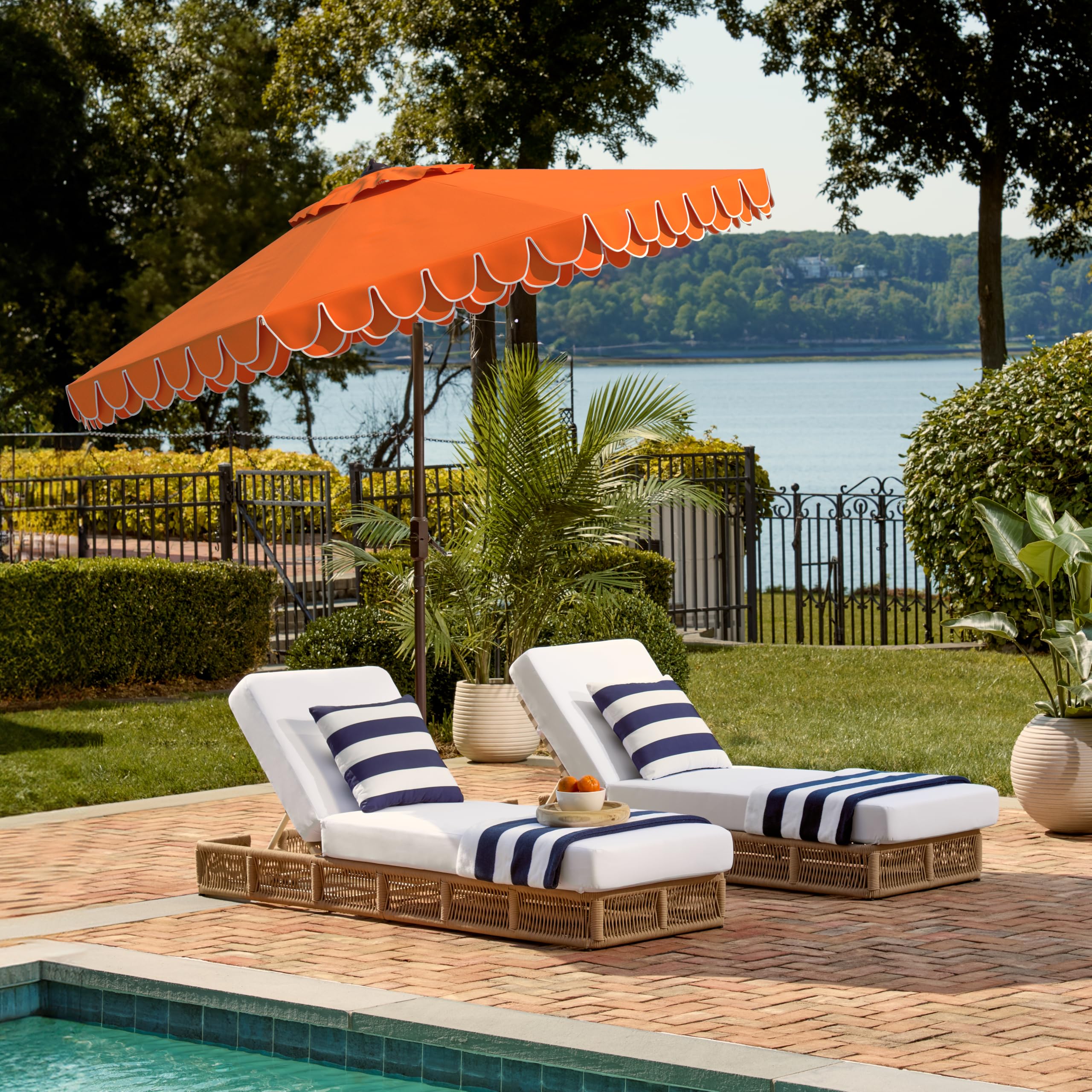 9 foot aluminum outdoor patio umbrella with valance SAFAVIEH - Zimmerman 9-Foot Crank - Beige Canopy - Brown Pole - Trim Tilt Mechanism Featuring a robust aluminum frame Galtech 736 9' Auto-Tilt Umbrella