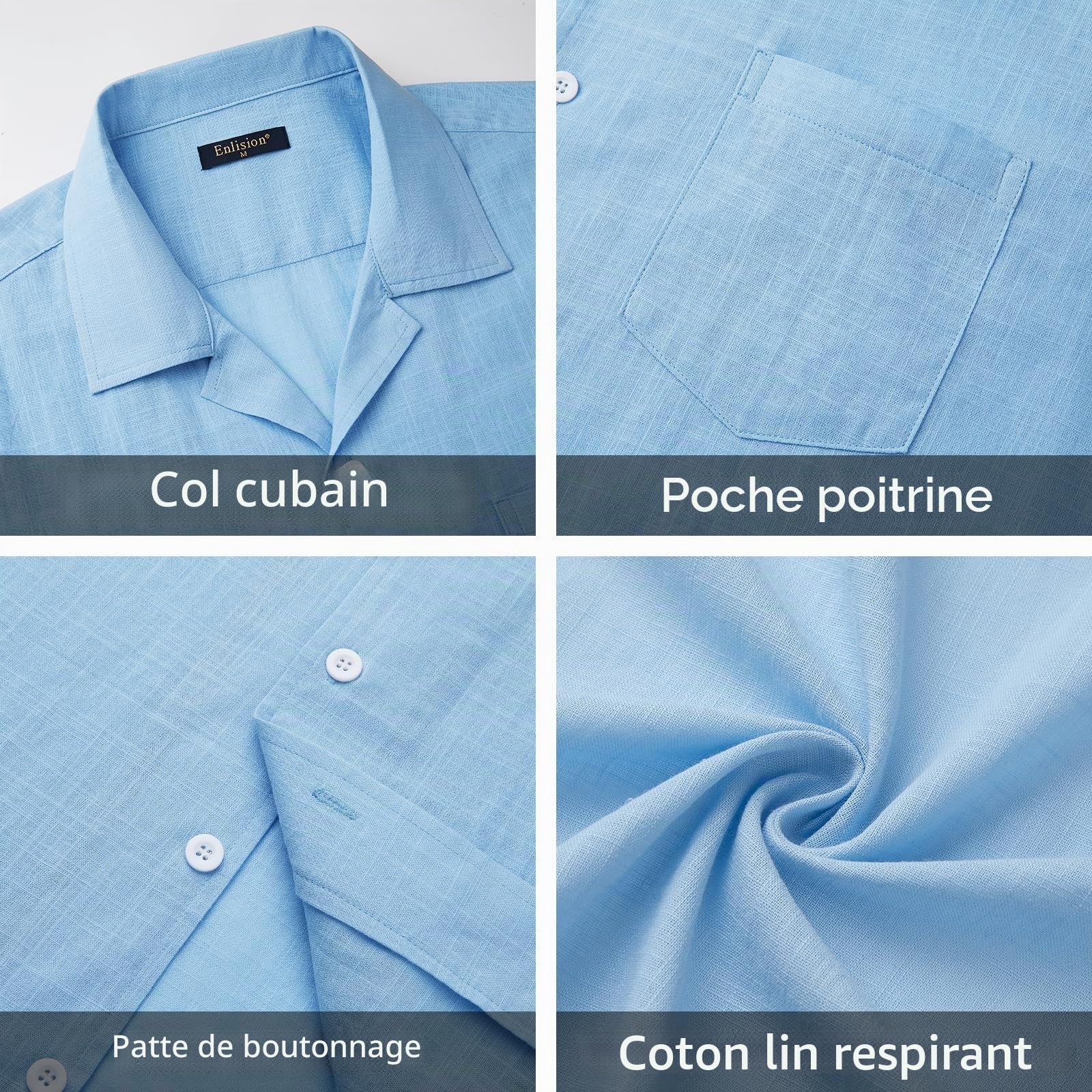 Enlision Chemise Lin Homme Manches Courtes Été Leger Chemises sans Repassage Homme Boutonnée Coupe Régulière Chemisette Décontractée Classique Couleur Unie avec Poche