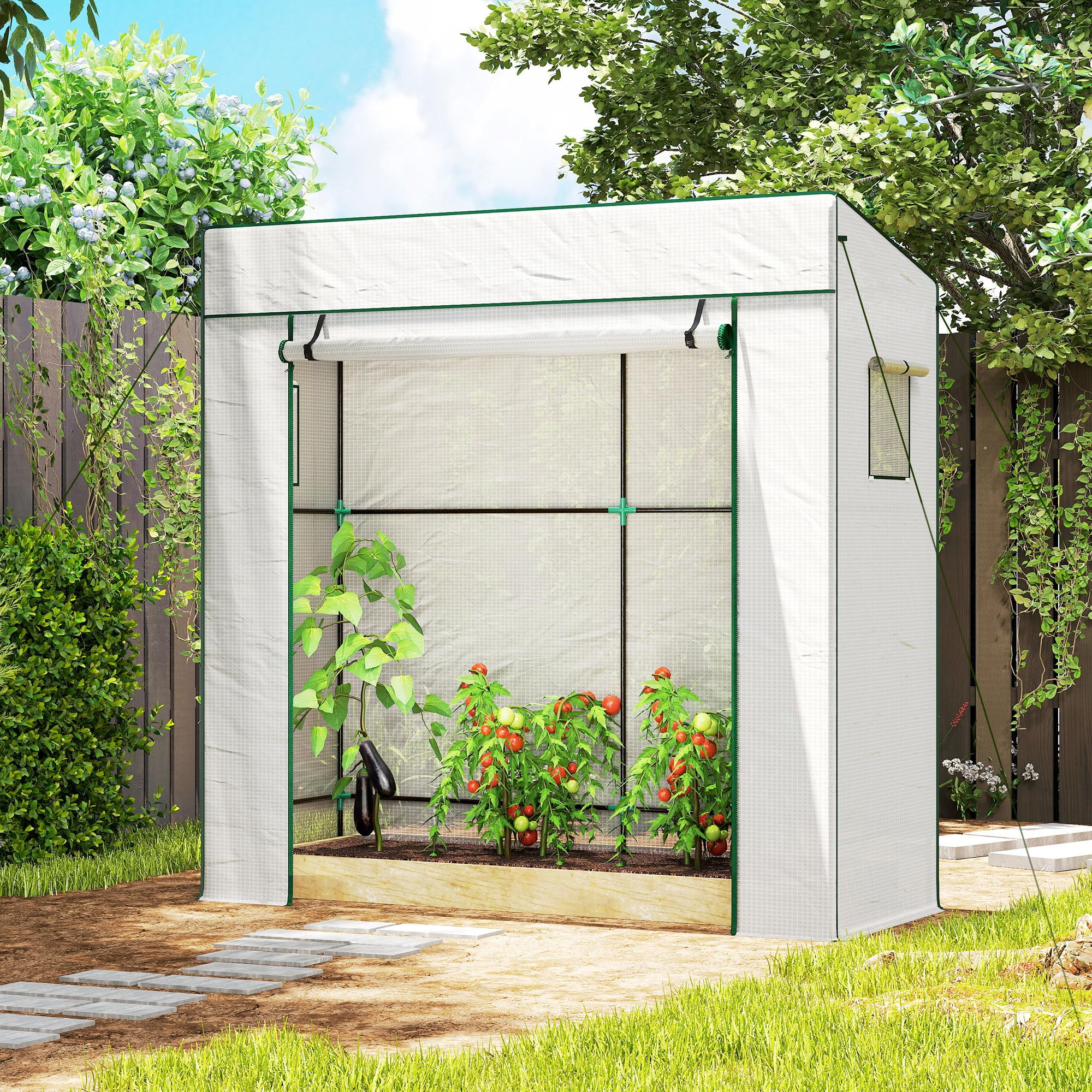 Outsunny Serre de Jardin PE, Serre de Balcon, bâche renforcée 140 g/m², châssis en Acier, Porte zippée Enroulable, 2 fenêtres, pour légumes Plantes Fleurs, intérieur et extérieur, 196x77x197cm, Blanc