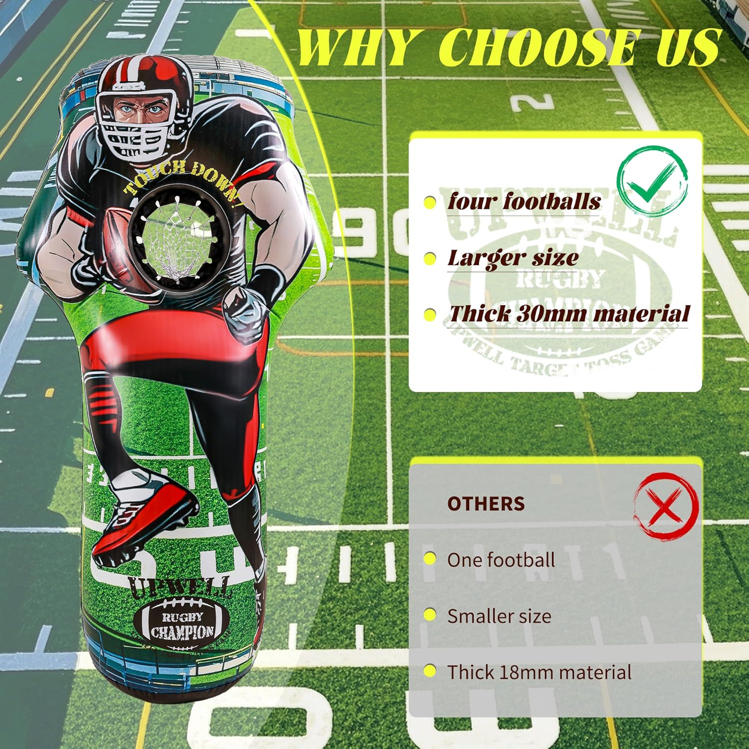 UPWELL Inflatable Football Target Set - 6ft Blow Up Toy for Fun Toss Games, Soft Footballs, Indoor/Outdoor Play, Perfect for Kids' Birthday Parties & Backyard Carnival Games