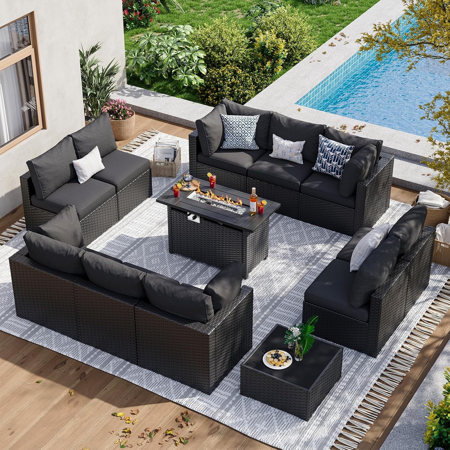 Aoxun 12 Piece Patio Furniture Set with 44 Fire Pit Table Wicker Rattan Patio Sectional Sofa Set Outdoor Seating Furniture with Thickened Cushion, Black