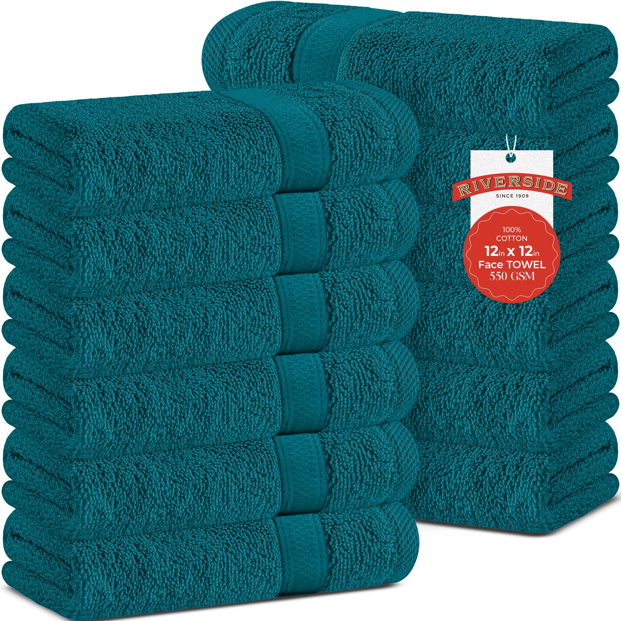RIVERSIDE 12 Pack Premium 100 Cotton Face Wash Cloths 12 x 12 Inches Soft Absorbent Face Towels for