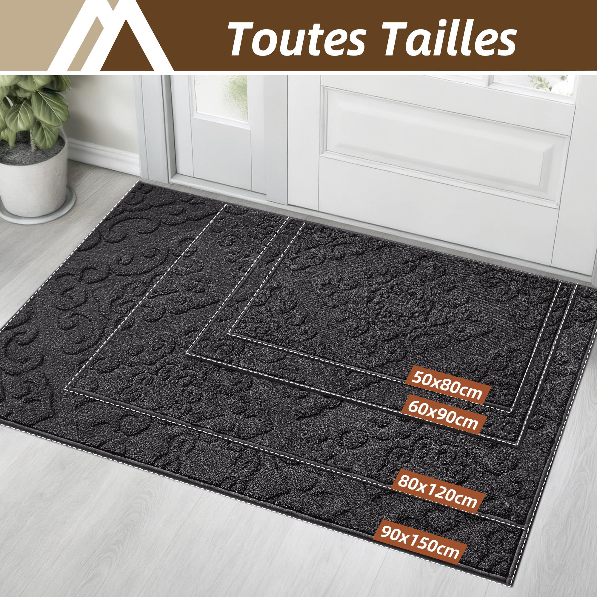 COSY HOMEER Paillasson lavable et antidérapant - Pour entrée et intérieur - 90 x 150 cm - Gris foncé