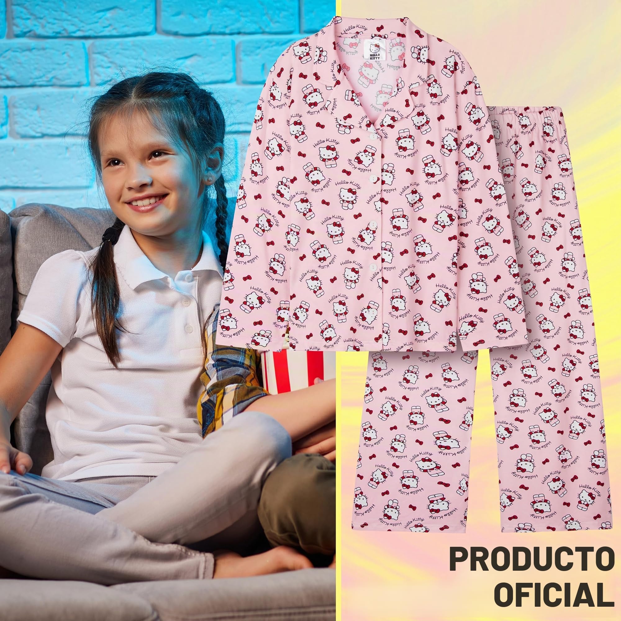 Hello Kitty Sanrio Pijama Invierno Niña y Adolescente 2 Piezas, Ropa de Dormir Kuromi con Camiseta Botones y Pantalón Largo