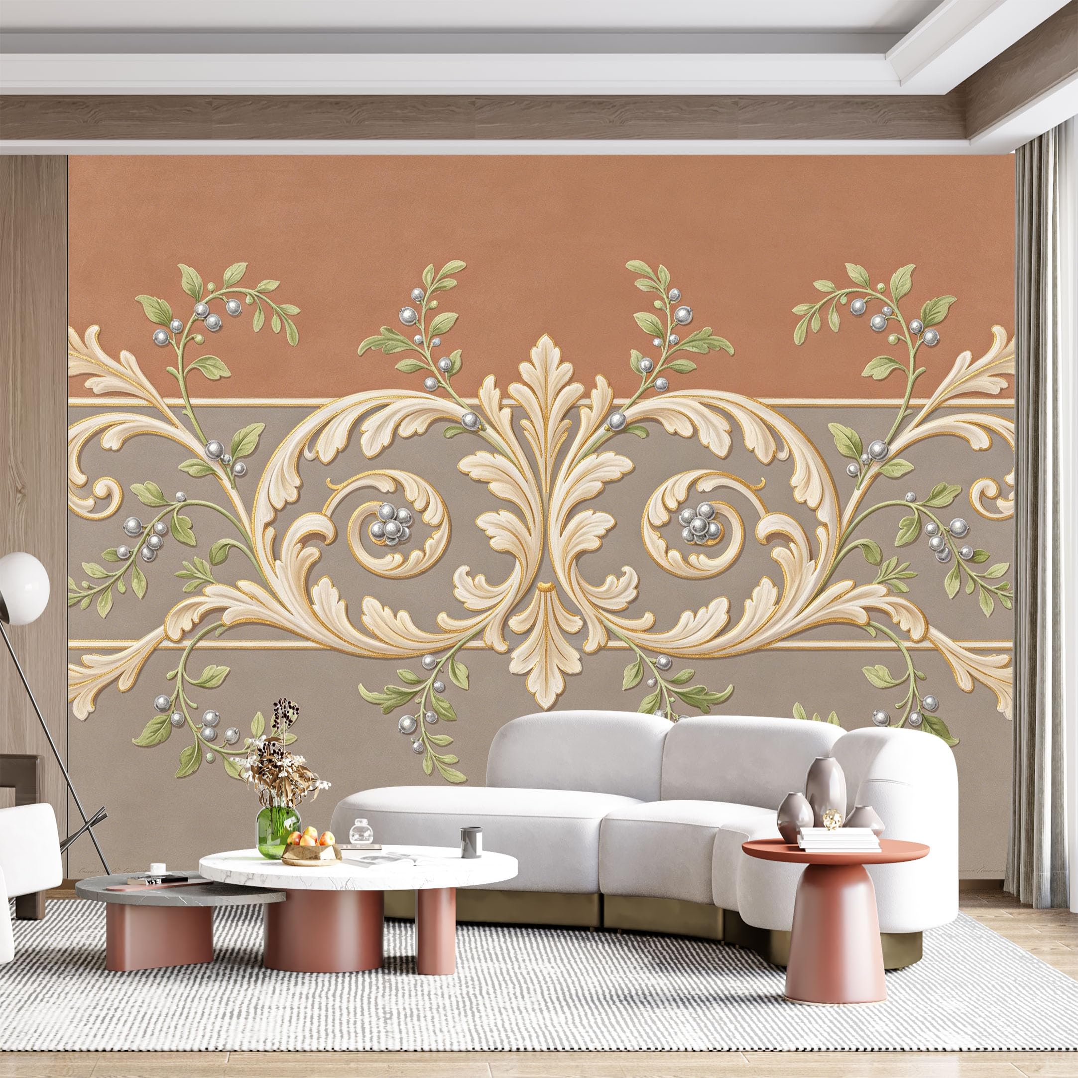Custom Size Wall Mural Baroque Scroll Leaf Pattern Botanical French Country SelfAdhesive Wall Fabric Removable for Home Office Decor