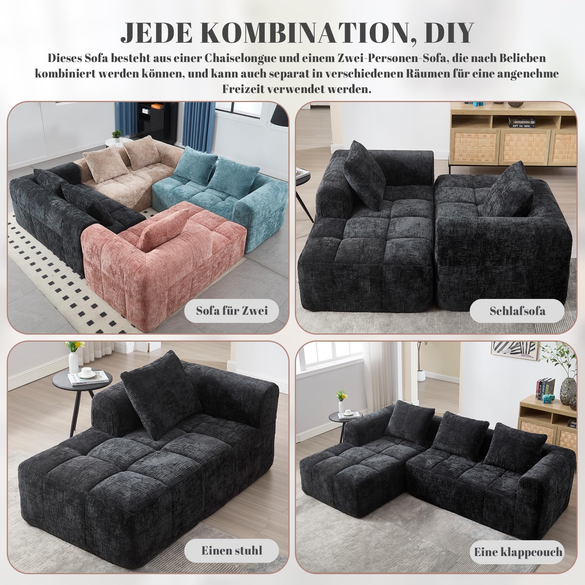 Soweiz Sofá L, sofá de 3 plazas, sofá seccional, no requiere instalación, sofás de chenilla con chaise longue y reposabrazos, 3 cojines, bolsillo lateral para mando a distancia, 250 x 158 x 60 cm