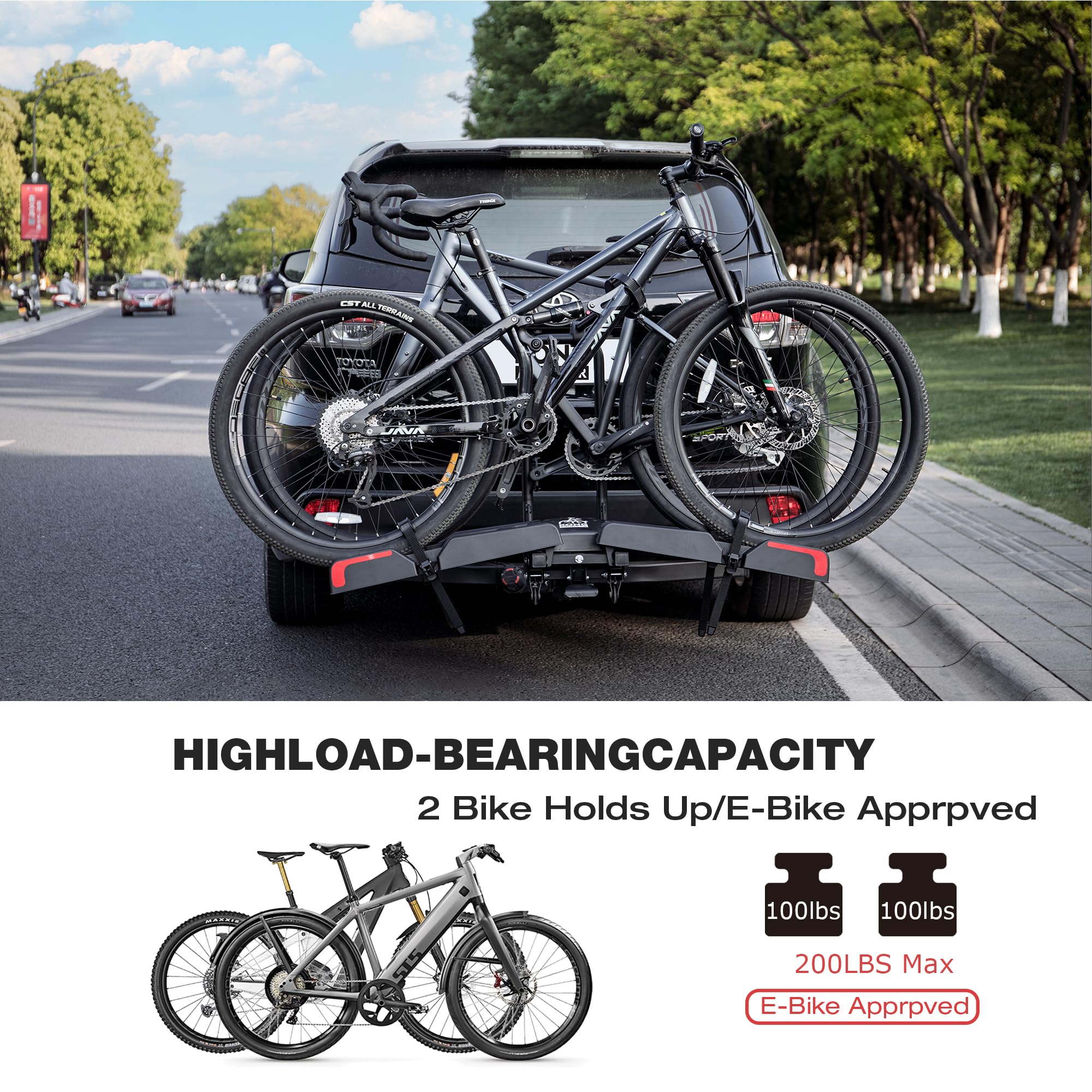 Portabici per Gancio Ebike KONG MING CAR 90 Kg di Capacità - Portabici Pieghevole e Inclinabile per Biciclette con Pneumatici Fino a 12,7 cm di Larghezza per Attacco da 5 cm su Auto, SUV, Camion