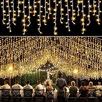 Vista 11 de Luces de carámbano, luces de Navidad de 33 pies con 400 LED, 75 caídas, 8 modos, enchufable e impermeable, para festividades, boda, fiesta, hogar