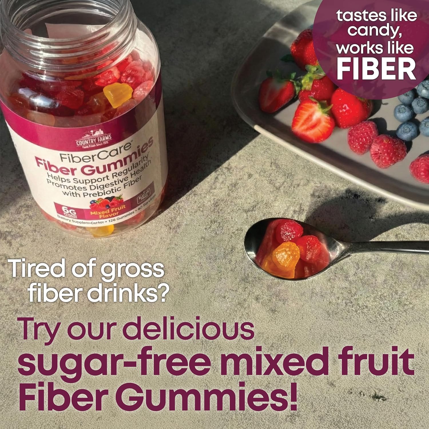 Country Farms Fiber Care Prebiotic Gummies, 6g of Fiber Per Serving, GLP-1 Booster, FOS from Beets, Digestive Health and Bloat, Supports Regularity, Mixed Fruit Flavor, 120 Gummies, 40 Servings - Image 3
