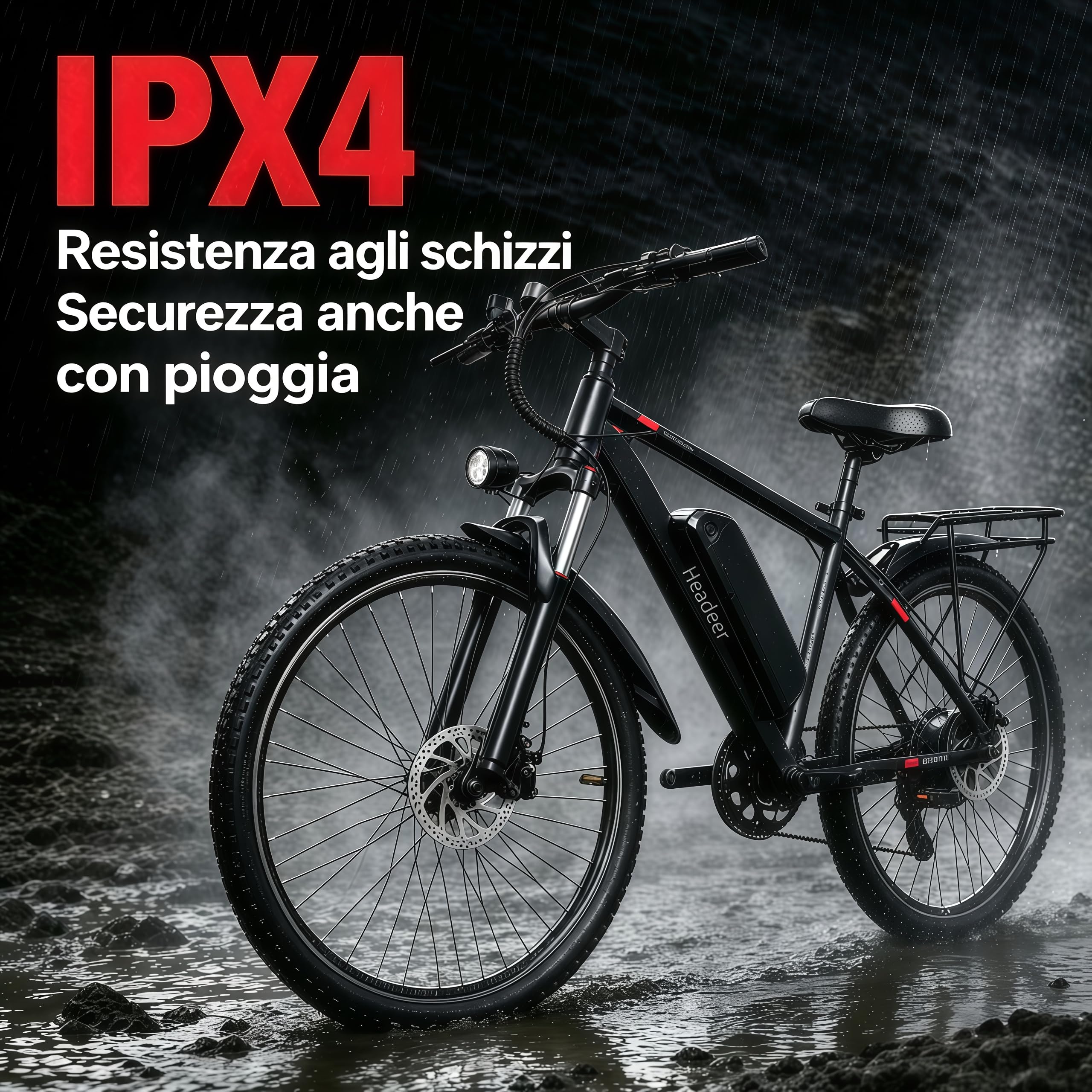 Bici Elettrica BK900 26" Mountain Adulti, Batteria Litio 48V 15Ah Rimovibile, Freni a disco meccanici, Forcella Ammortizzata, 5 Assistenze, Autonomia 90‑120km, Velocità 25km/h, Portapacchi Posteriore