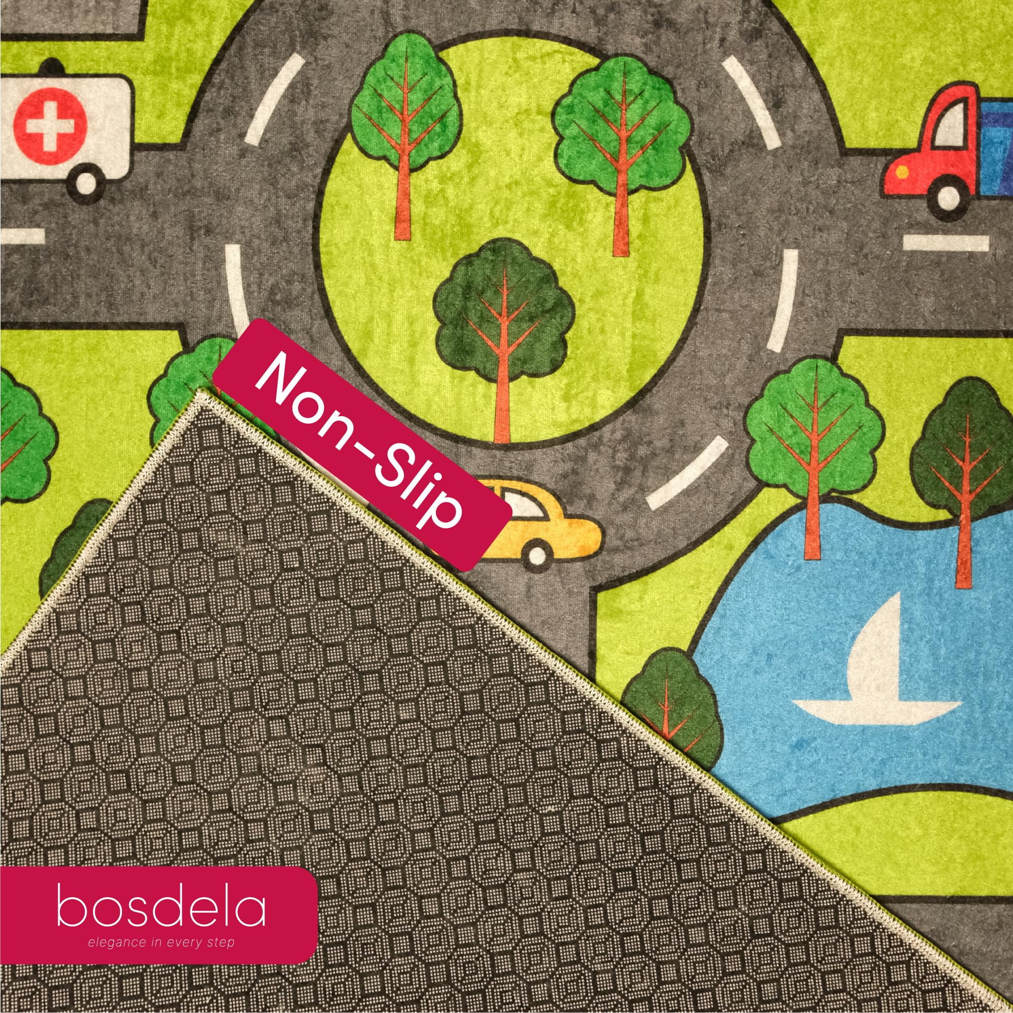 Tappeto per bambini e neonati – Diverse varianti di design, lavabile, antiscivolo, morbido, ideale per camerette e sale giochi, 100 x 160 cm, verde città.
